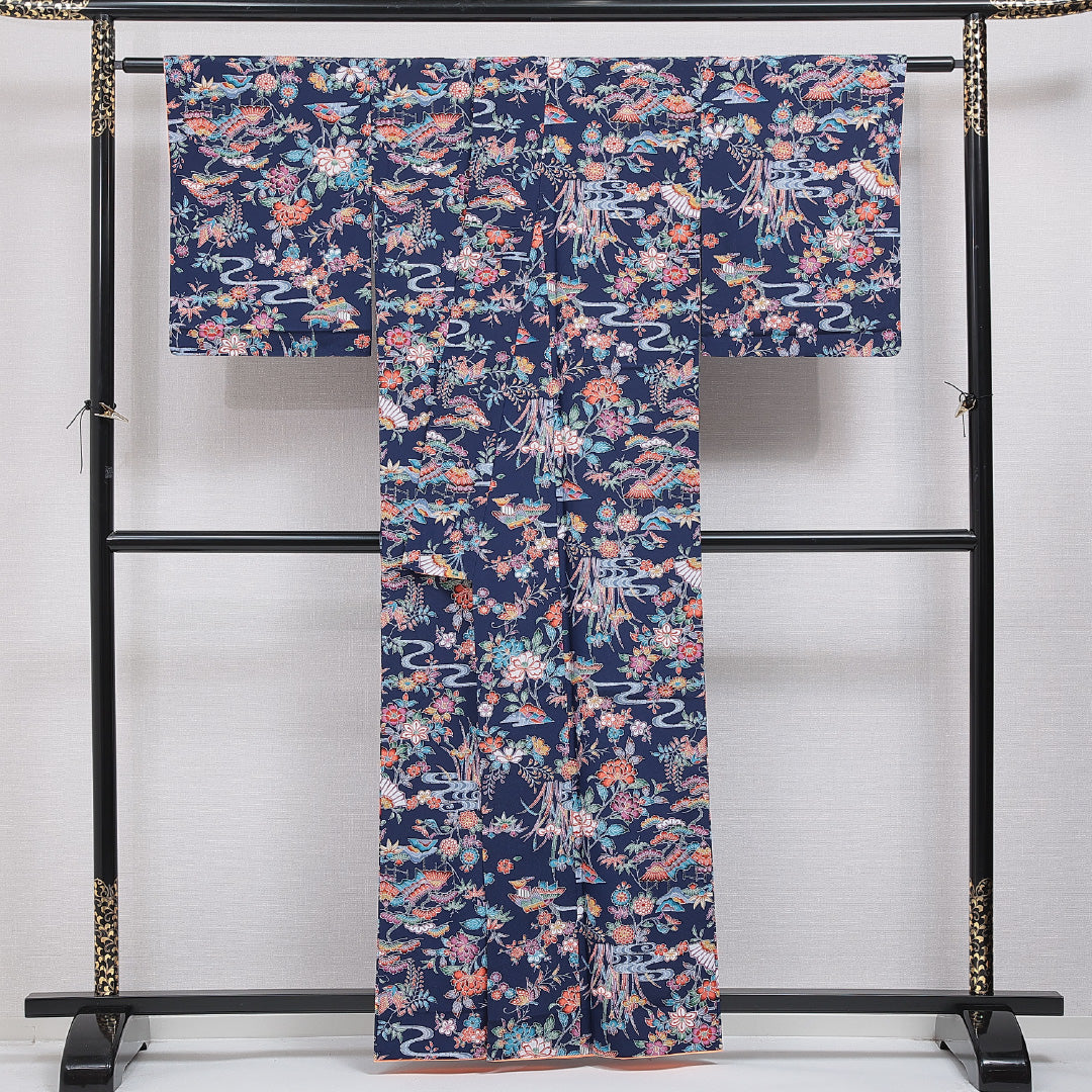 洗える着物 小紋 袷 身丈160cm 裄丈65cm ポリエステル Sランク インフォーマル 広衿 Lサイズ 古典柄 青系 RP 1221-16342