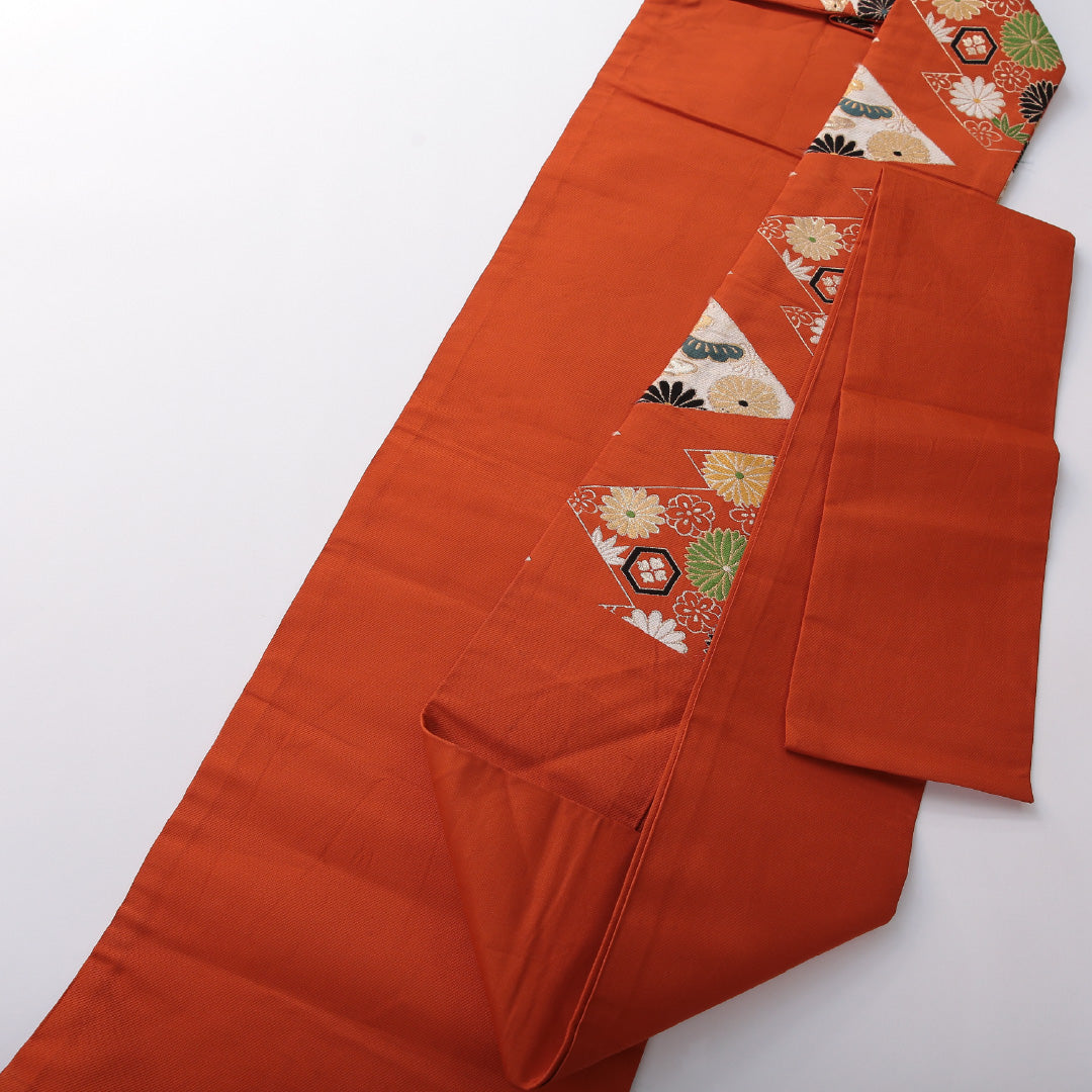 九寸名古屋帯 帯丈335cm カジュアル 名古屋仕立て 六通 Cランク 正絹 松皮菱 菊 松葉 朱系 1224-03602