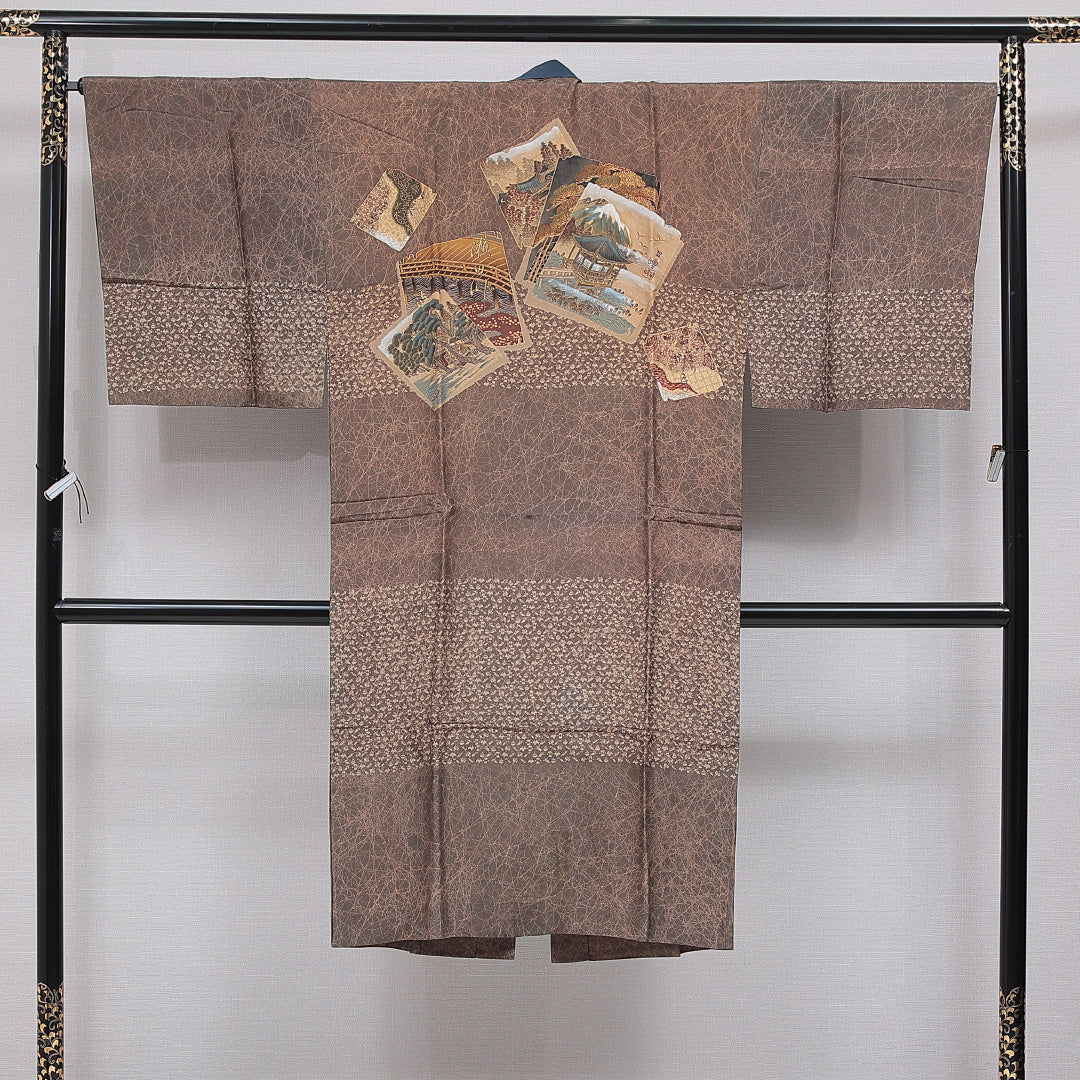 長襦袢 男性用 無双袖 身丈127cm 裄丈67cm 正絹 Cランク XSサイズ 落款 東海道五十三次 茶系 LP 1241-16713