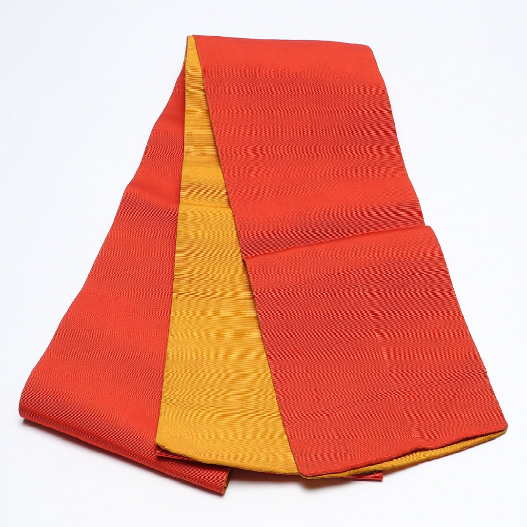 半幅帯 帯丈320cm カジュアル 単衣帯 全通 リバーシブル 未仕立て Cランク 正絹 無地 朱系 黄系 1225-00641