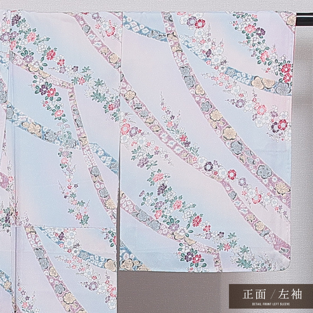 小紋 袷 身丈161cm 裄丈62cm 正絹 Sランク インフォーマル 広衿 Lサイズ ぼかし染 椿 水色系 RP 1221-16052