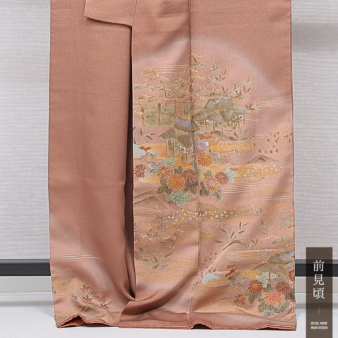 訪問着 袷 身丈172cm 裄丈65cm 正絹 Cランク セミフォーマル 広衿 2XLサイズ 茶屋辻 古典的 優しい 茶系 HP 1217-15708