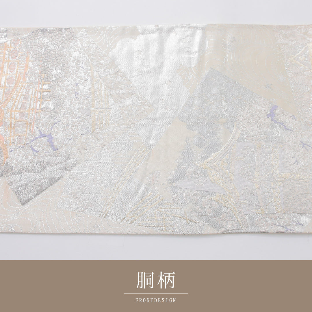 袋帯 帯丈432cm プラチナ箔二重織 フォーマル 六通 Aランク 正絹 寺社仏閣 銀系 1223-02316