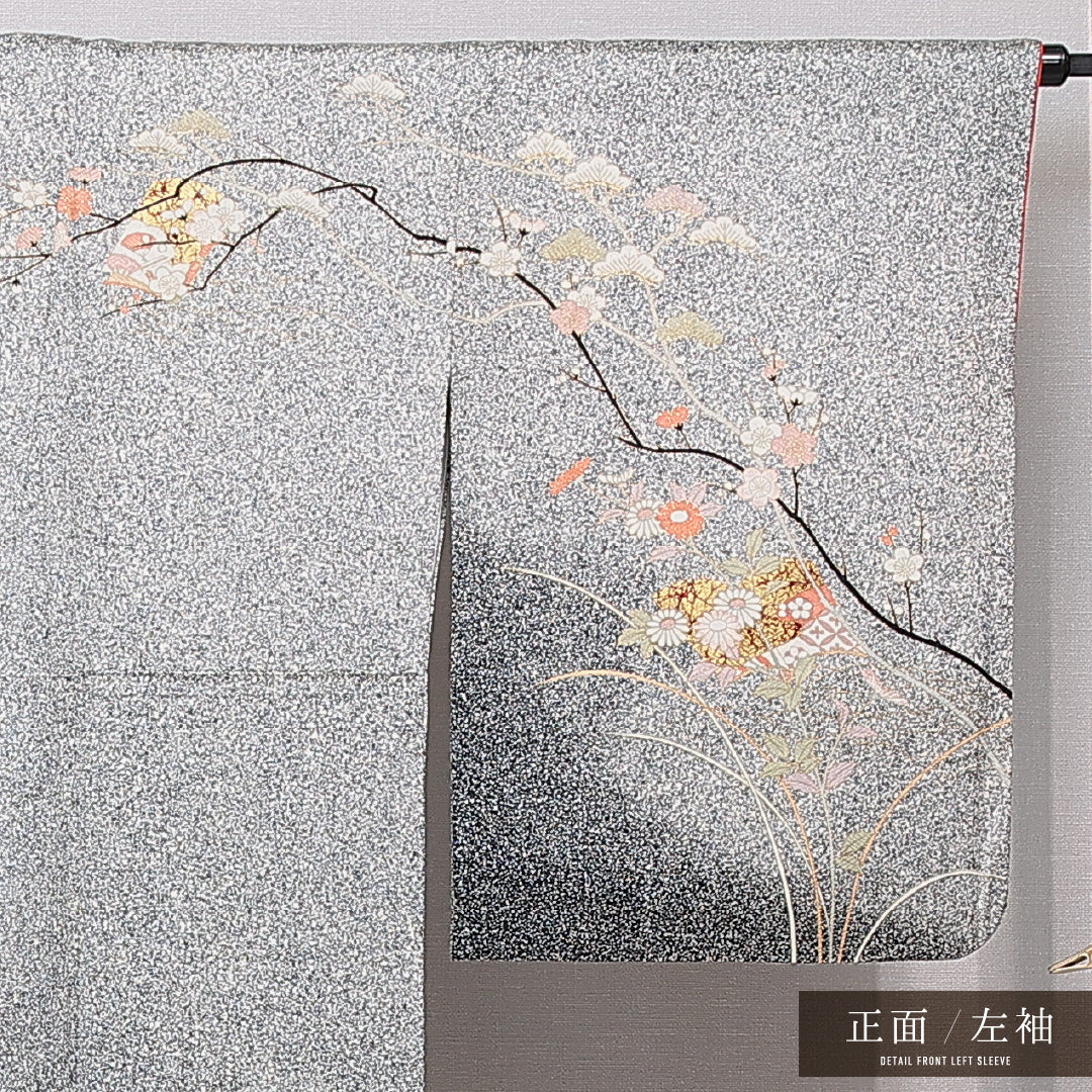 訪問着 身丈168cm 裄丈67cm 正絹 Sランク XLサイズ 広衿 セミフォーマル 梅 松 グレー系 1212-15492