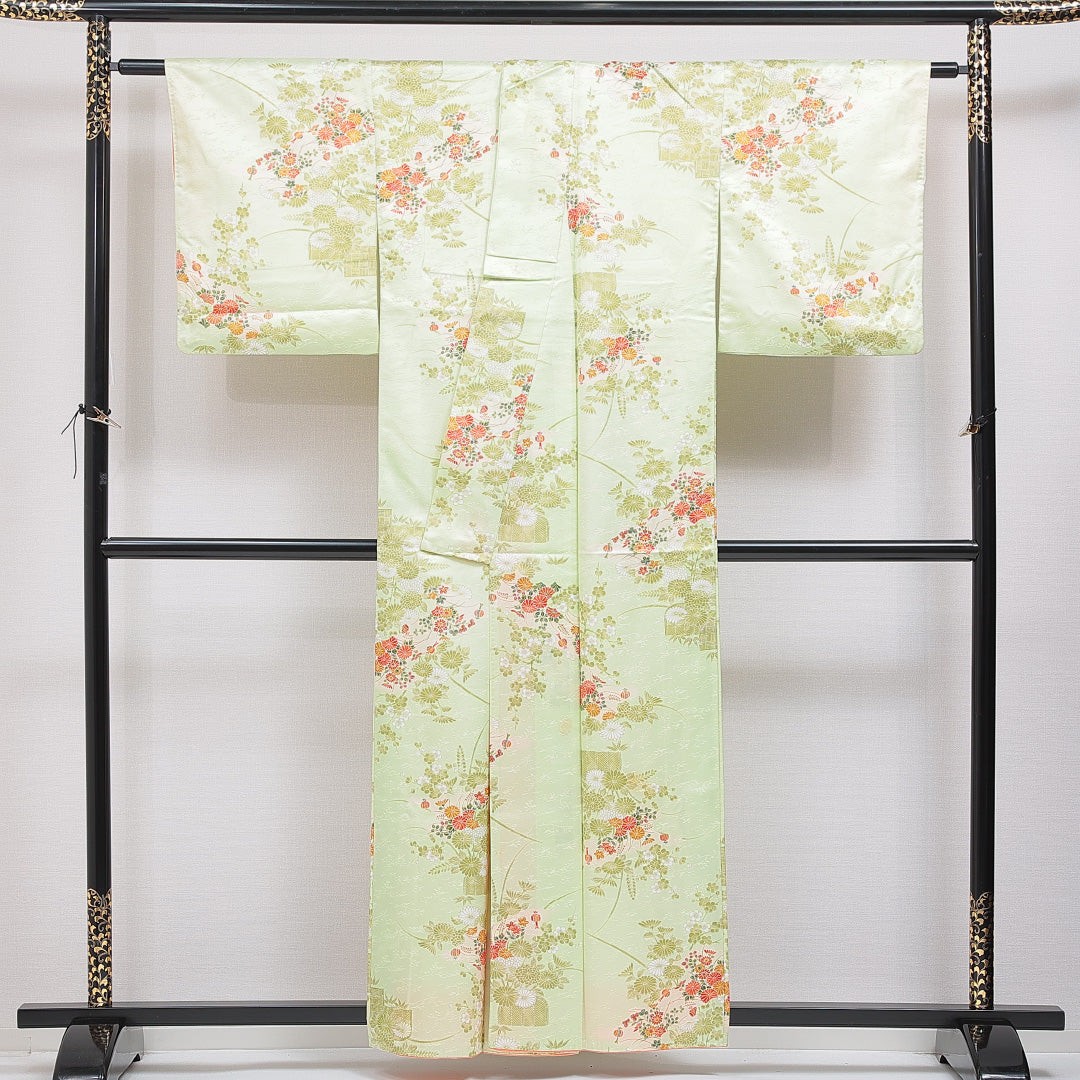 小紋 洗える着物 袷 身丈157cm 裄丈66cm ポリエステル Cランク Mサイズ 広衿 インフォーマル 光悦垣 菊 緑系 1215-16385