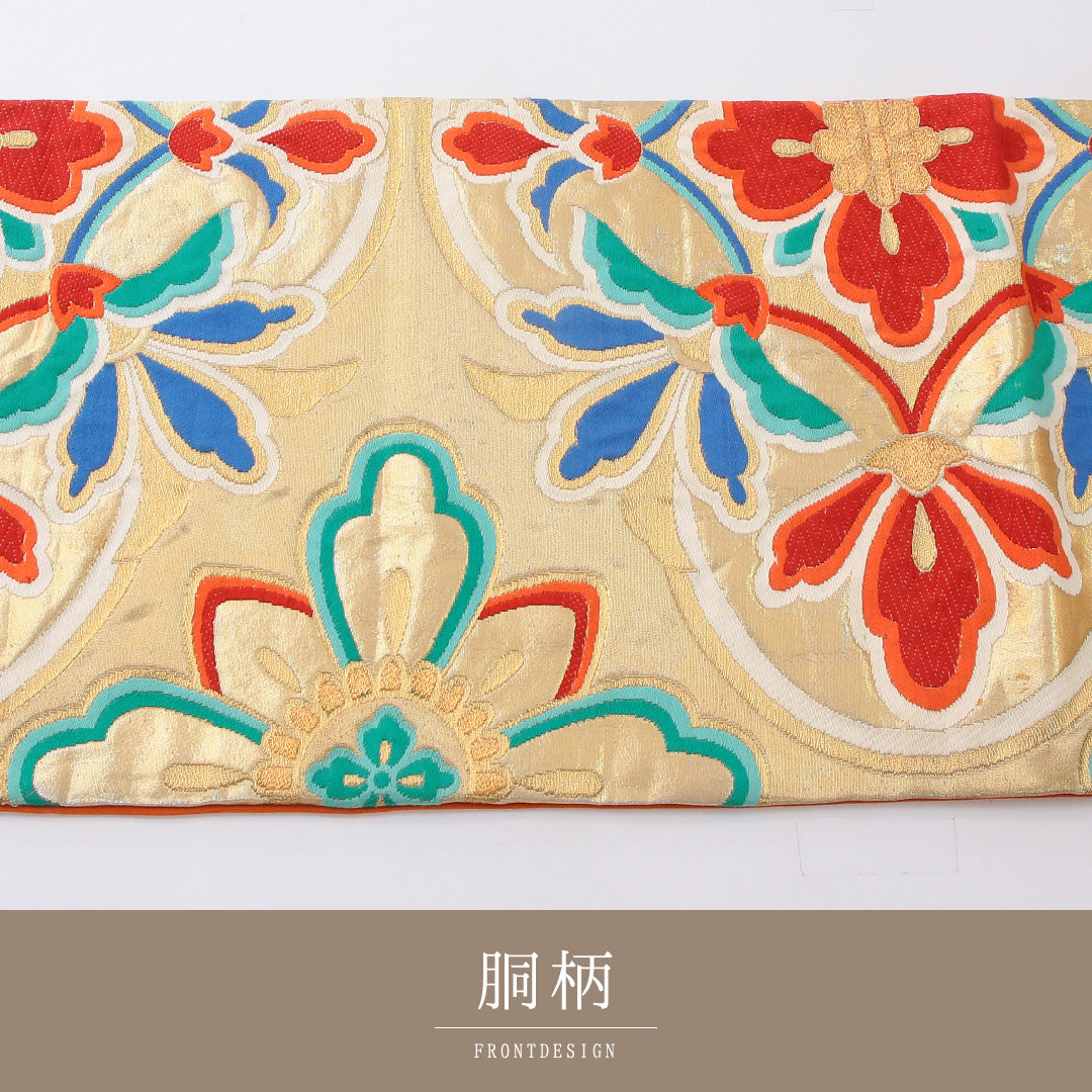 袋帯 帯丈416cm 正絹 六通 フォーマル 唐織 宝相華 金系 1243-02185