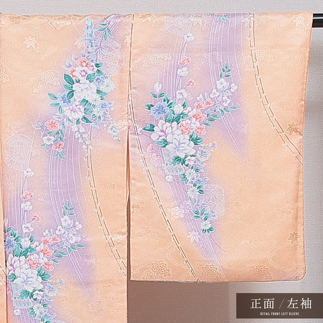 洗える着物 小紋 袷 身丈158cm 裄丈62cm ポリエステル Aランク インフォーマル 広衿 Mサイズ 雲取り 牡丹 朱系 RP 1221-16107