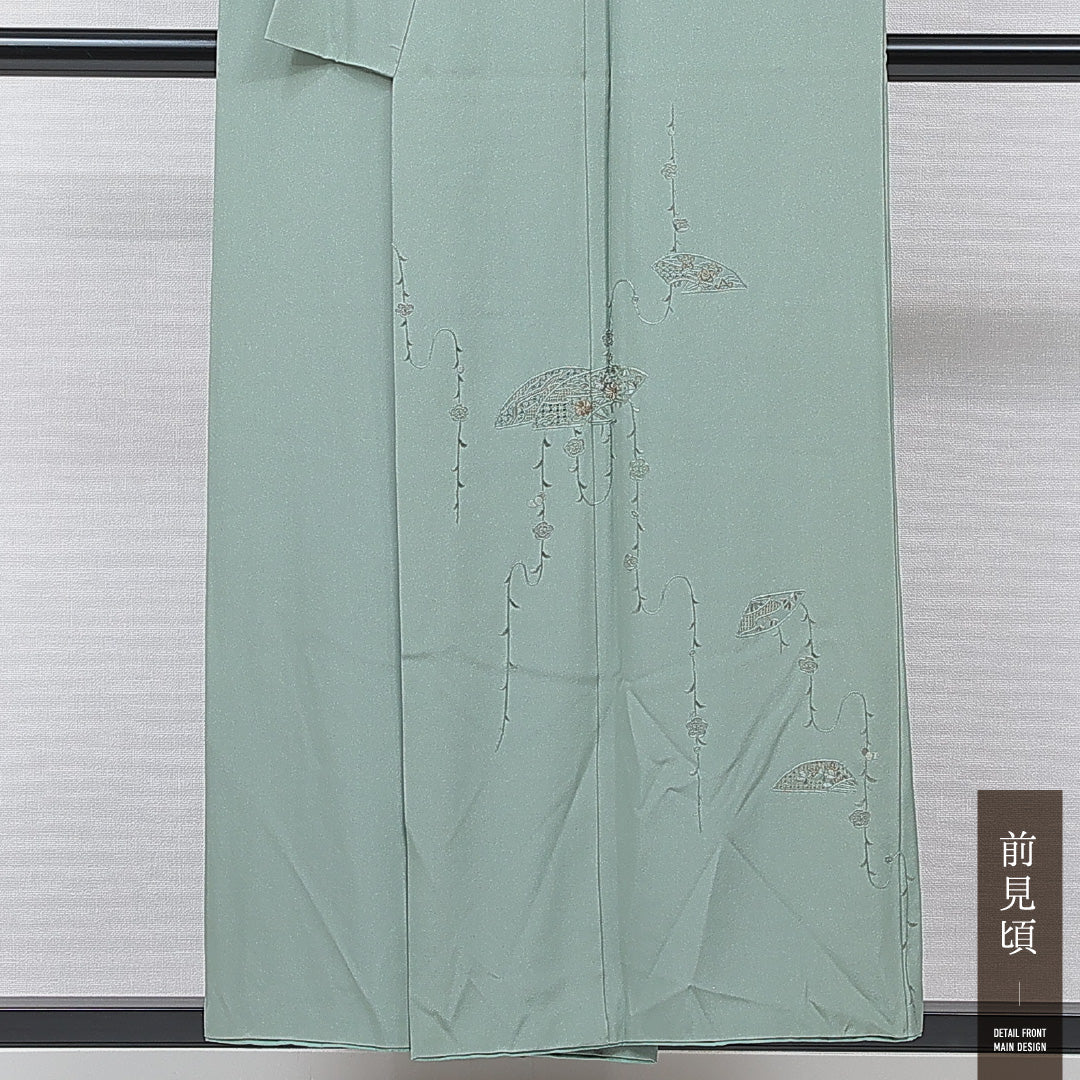 付下げ 袷 身丈153cm 裄丈60cm 正絹 Sランク Sサイズ 広衿 インフォーマル 扇 梅 蘇州刺繍 汕頭刺繡 緑系 1261-15675