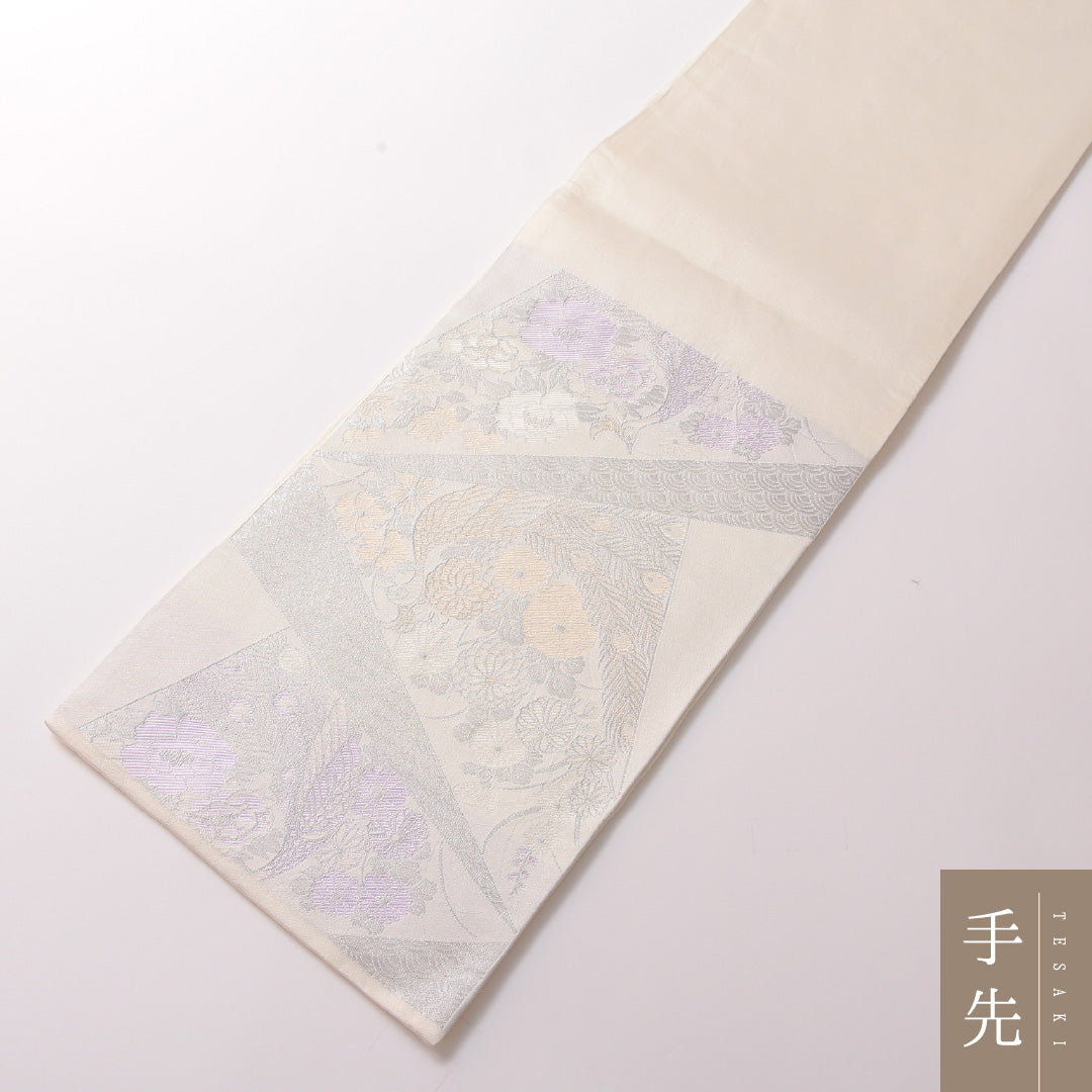 袋帯 帯丈426cm 正絹 六通 フォーマル 扇面文 鳳凰 吉祥文様 白系 銀系 1243-01783