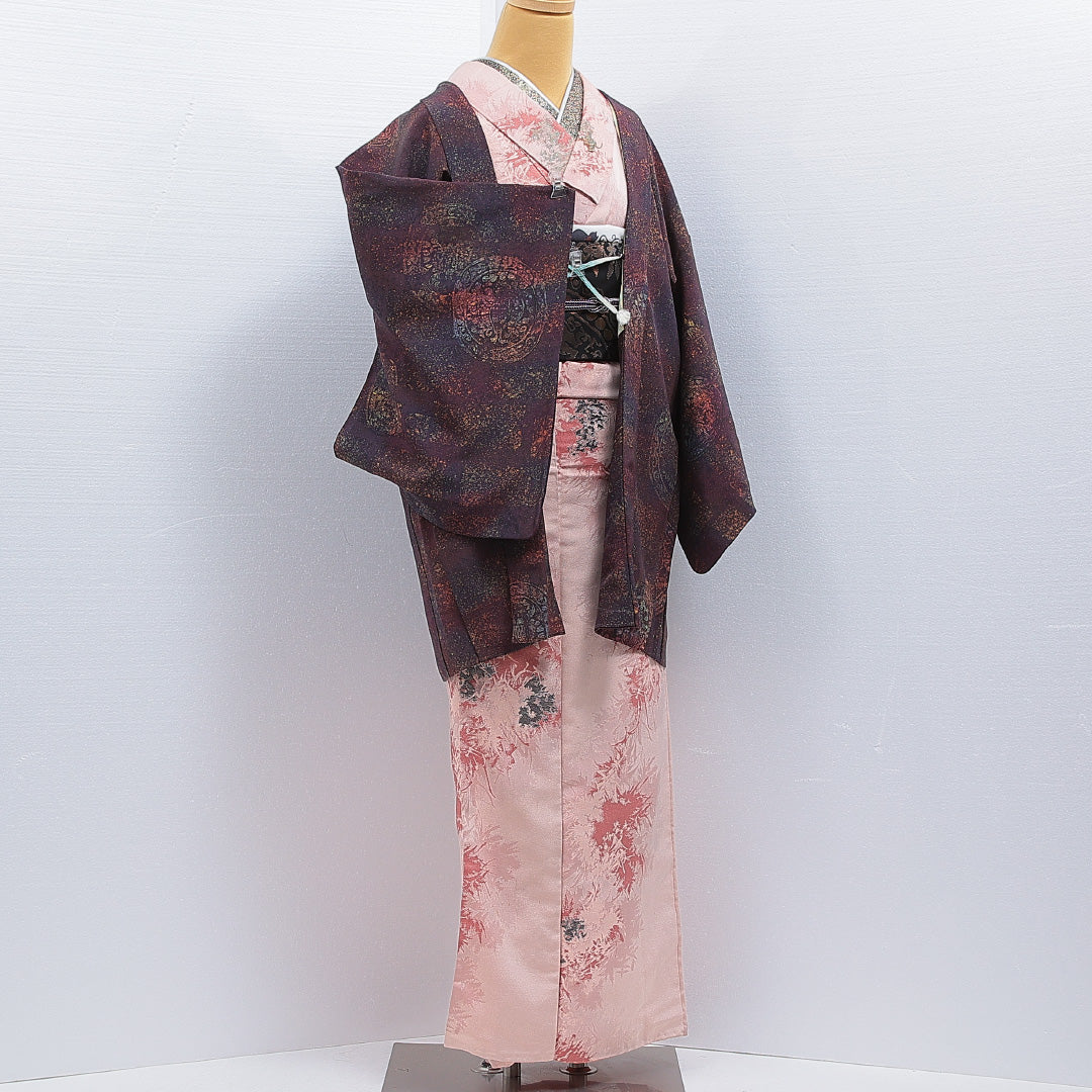 羽織 袷 身丈83cm 裄丈64cm 正絹 Sランク カジュアル Mサイズ 紐あり 丸文 茶系 M4 1232-16187