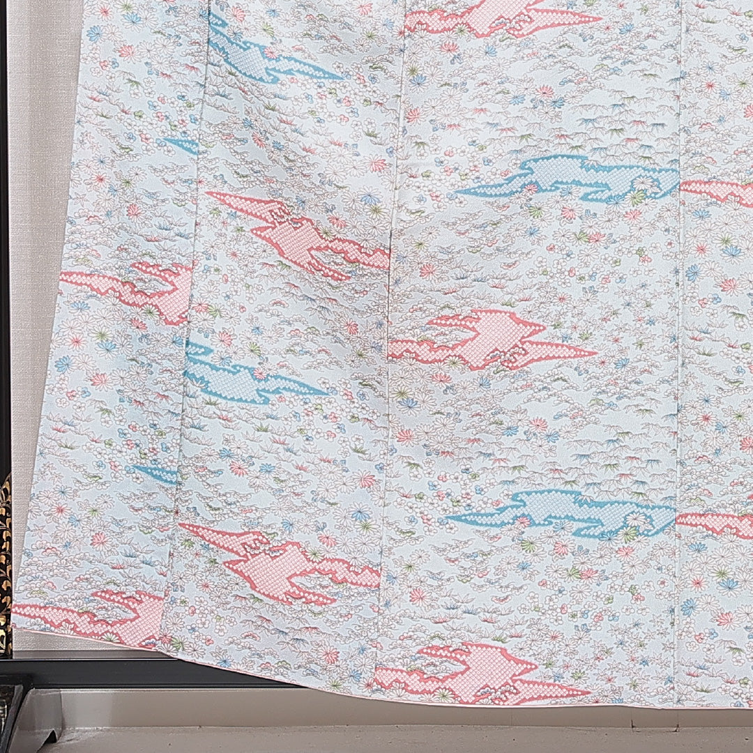 小紋 洗える着物 袷 身丈159cm 裄丈63cm ポリエステル Sランク Mサイズ 広衿 インフォーマル 菊 笠松 水色系 1215-15808