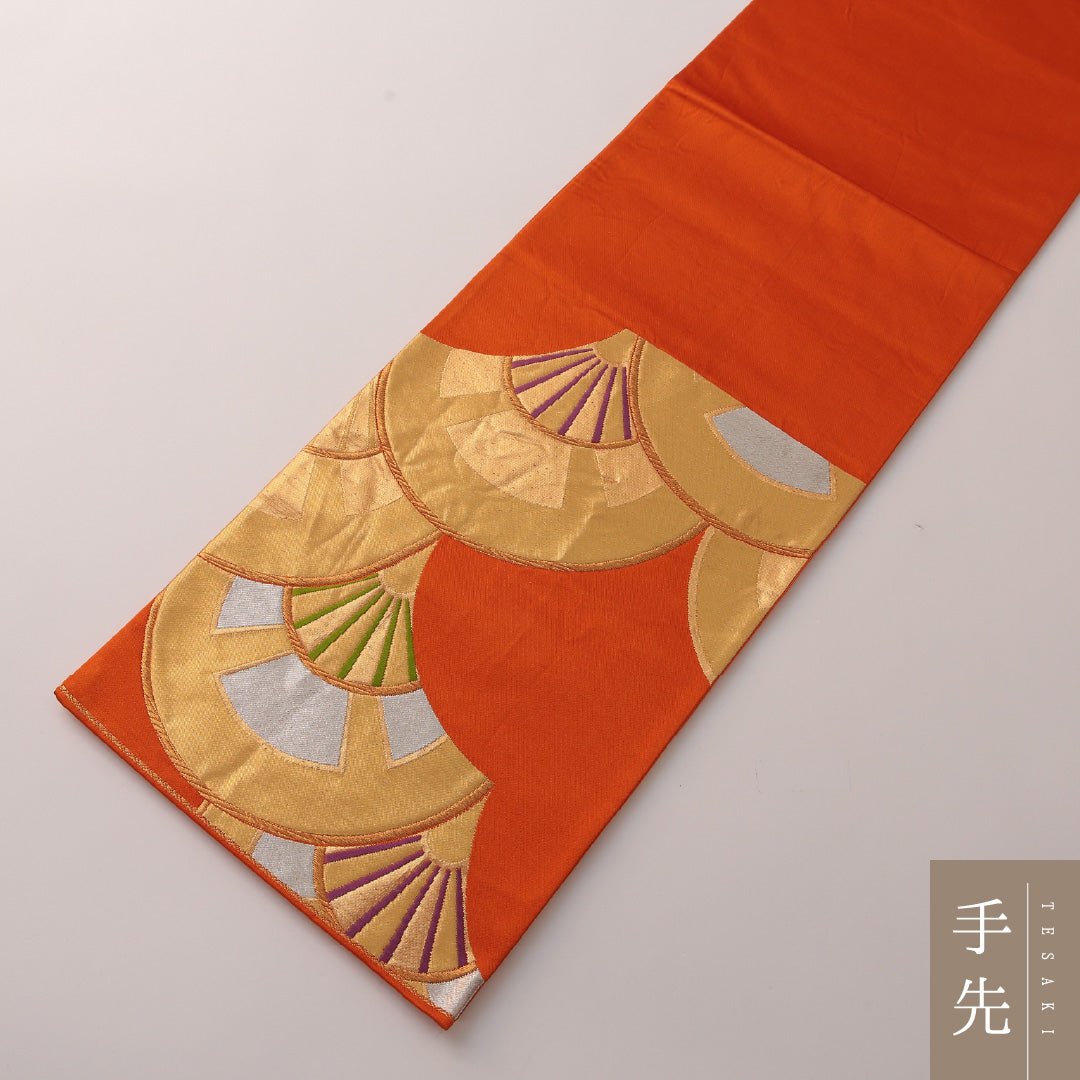 袋帯 帯丈420cm フォーマル 六通 Sランク 正絹 青海波 朱系 金系 1223-01896