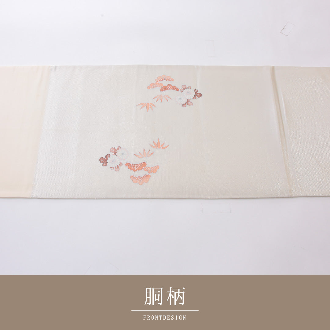 袋帯 帯丈416cm 正絹 ポイント柄 帯芯なし セミフォーマル 色紙 四季草花 作家物 落款 白系 1243-02209