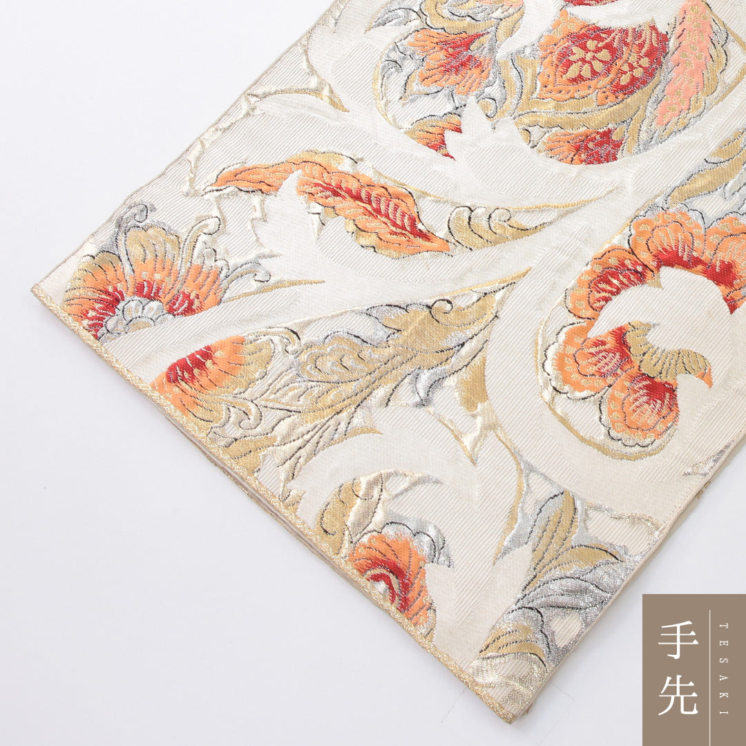 袋帯 帯丈410cm セミフォーマル 六通 未仕立て Cランク 正絹 唐華 クリーム系 1223-02228