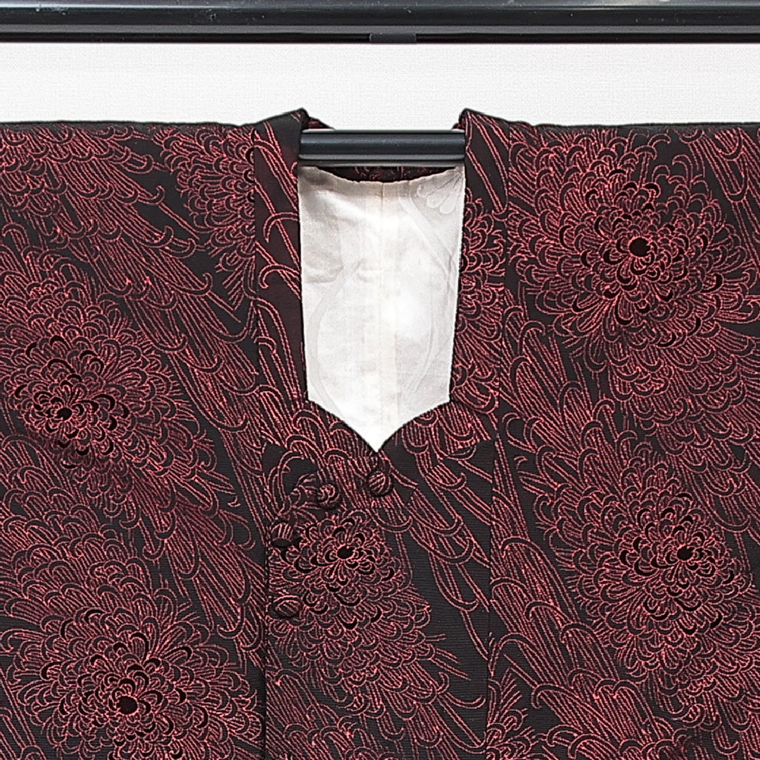 道行コート 袷 身丈103cm 裄丈31cm 正絹 Aランク Sサイズ フォーマル ポケットあり 植物柄 黒系 赤系 1263-15128