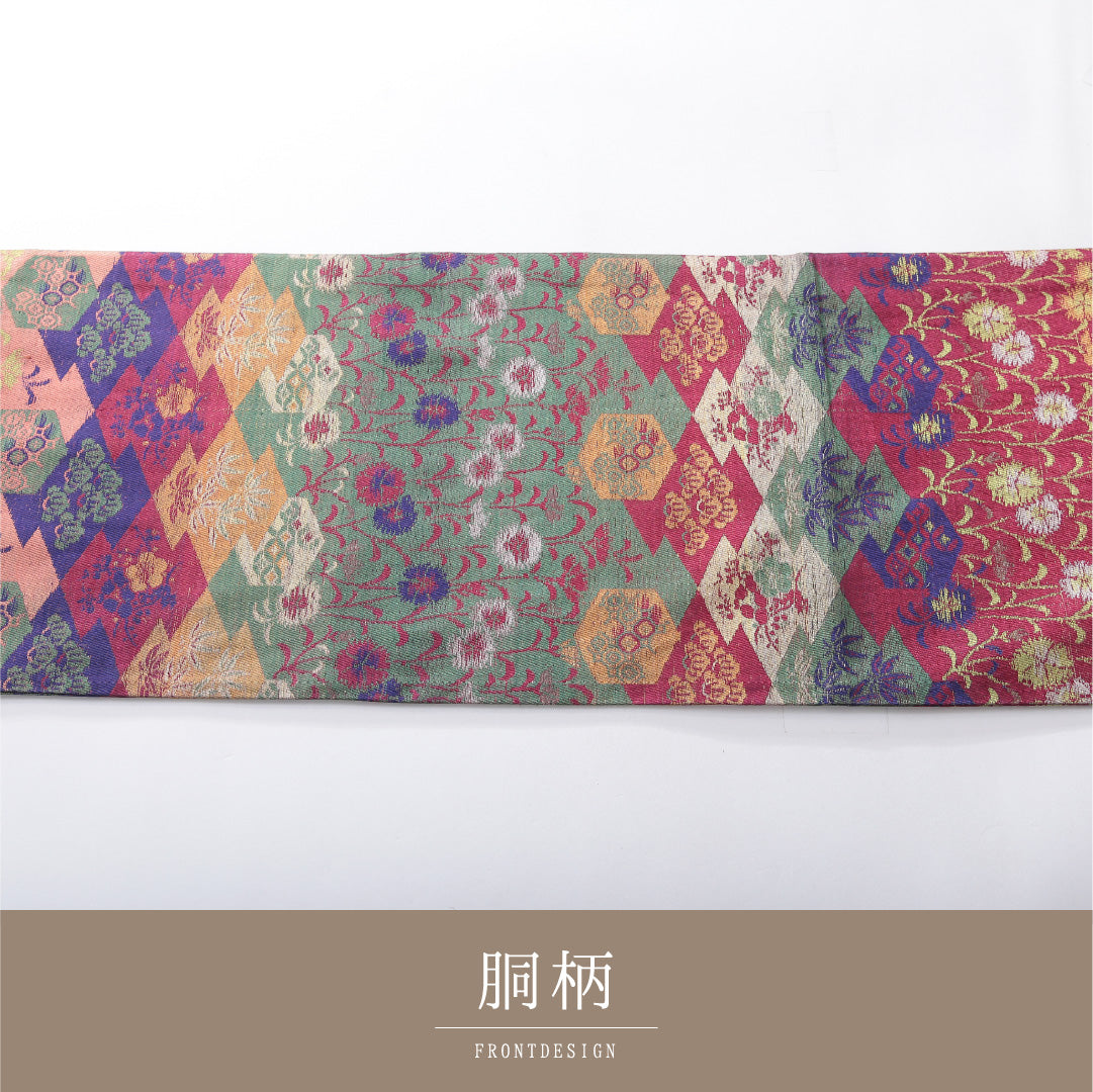 アンティーク 九寸名古屋帯 帯丈376cm 開き仕立て 全通 Dランク 正絹 蒲公英 吉祥文様 多色系 1224-03884