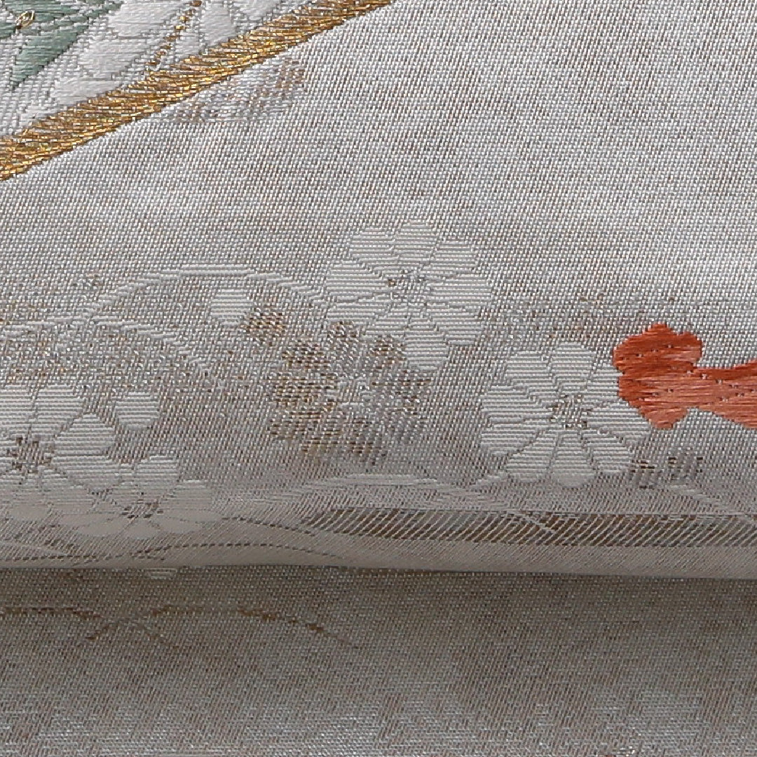 九寸名古屋帯 帯丈349cm セミフォーマル 名古屋仕立て ポイント柄 Cランク 正絹 花車 扇 クリーム系 1224-03641