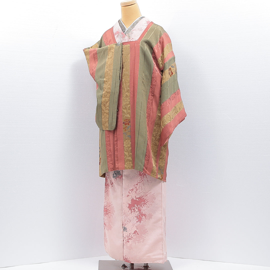 道行コート 袷 身丈91cm 裄丈65cm 正絹 Sランク カジュアル Mサイズ 織り出し ポケットあり 花柄 緑系 RP 1237-16804