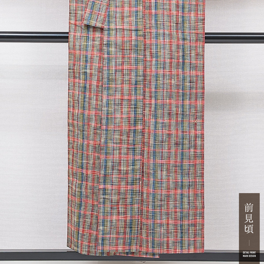 紬 単衣 身丈150cm 裄丈61cm 正絹 Sランク カジュアル バチ衿 Sサイズ 格子 多色系 RP 1223-15728