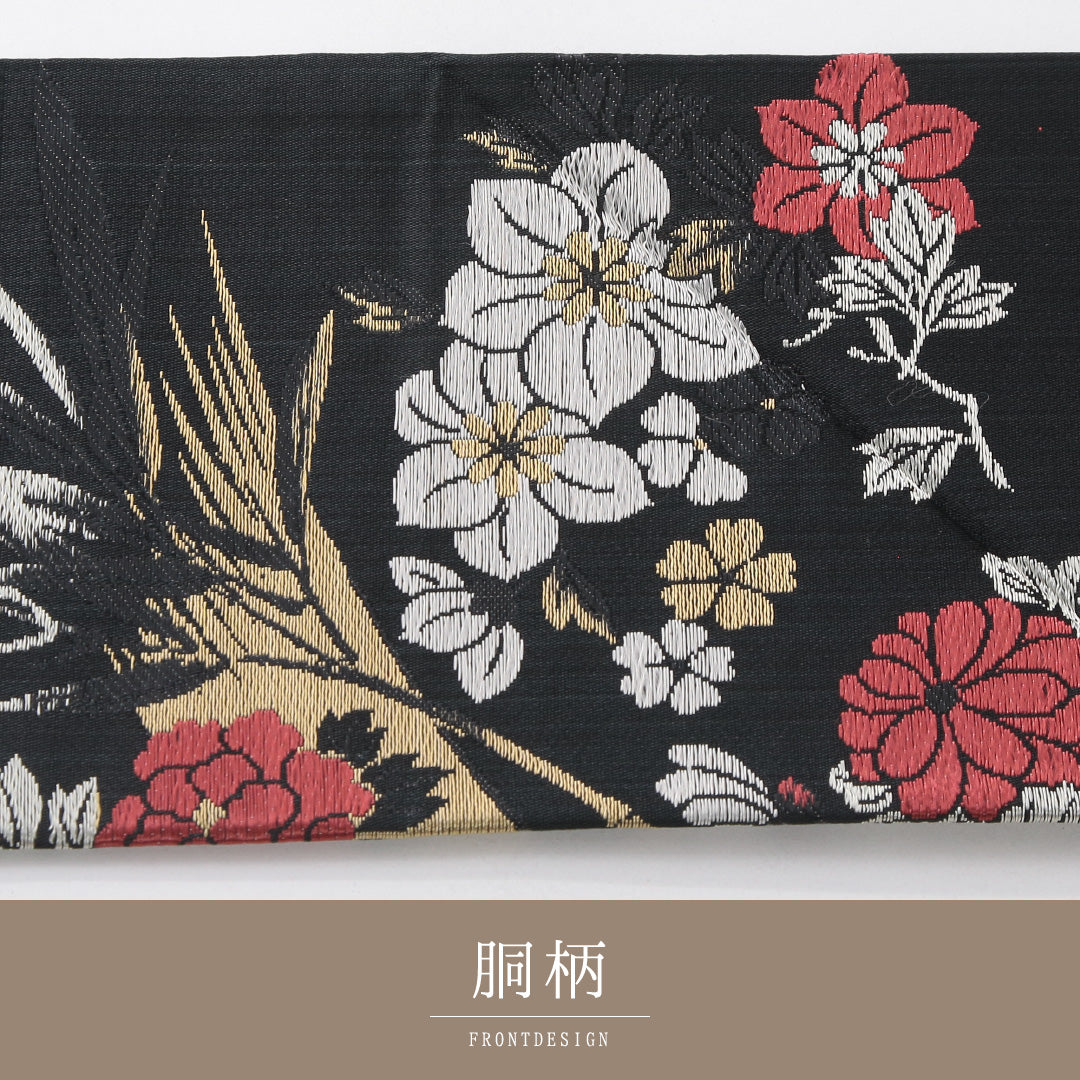 アンティーク 九寸名古屋帯 帯丈342cm 名古屋仕立て 六通 Aランク 正絹 大島織 牡丹 菊 黒系 1224-03970