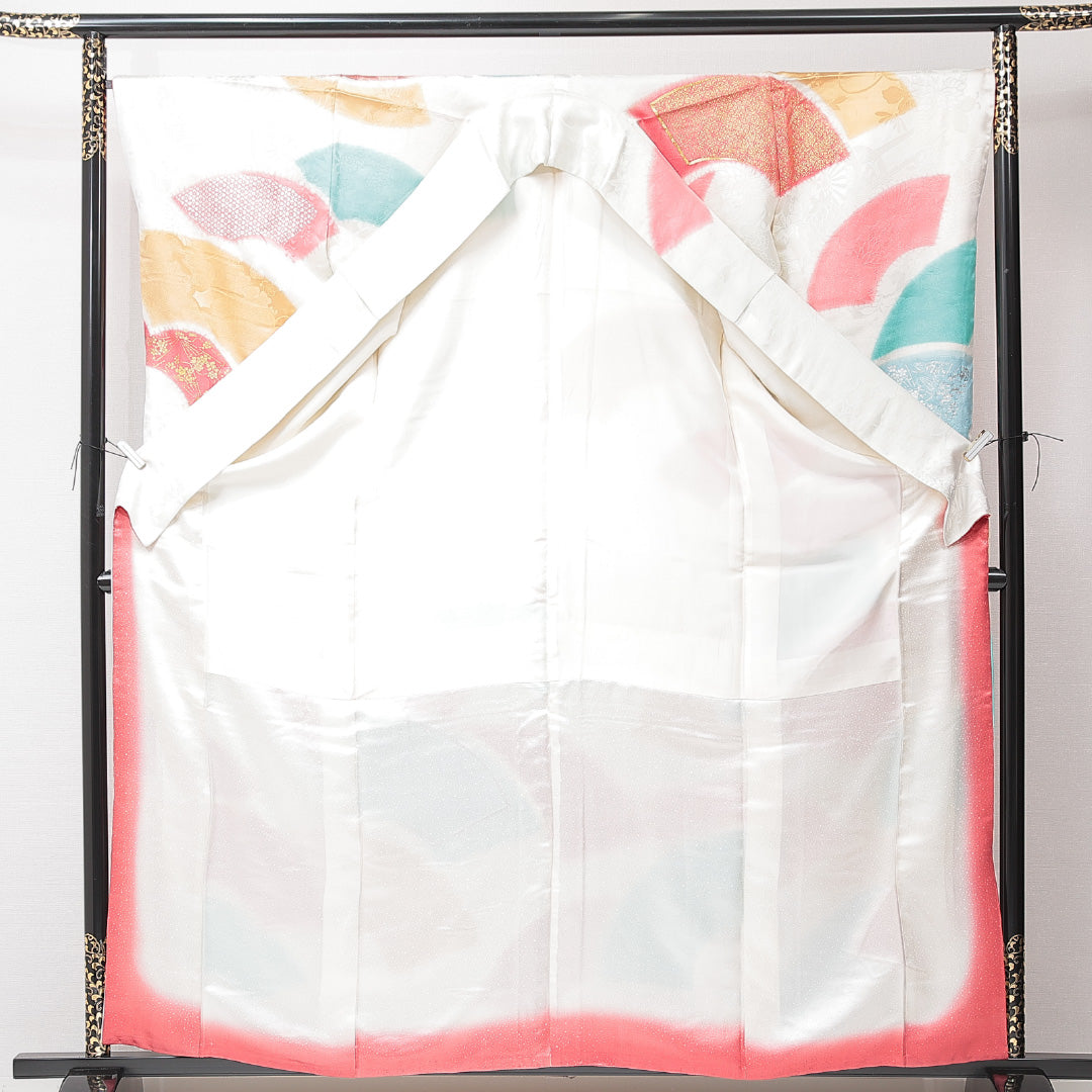 振袖 袷 身丈159cm 裄丈64cm フォーマル Cランク Mサイズ 正絹 広衿 扇 七宝 金駒刺繍 1213-F0704