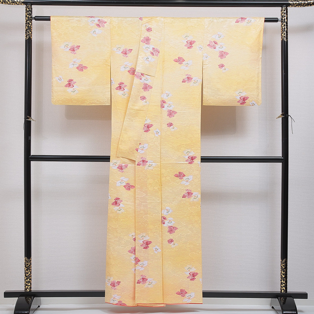 洗える着物 小紋 袷 身丈157cm 裄丈64cm ポリエステル Cランク インフォーマル バチ衿 Mサイズ 花柄 黄系 LP 1221-16433