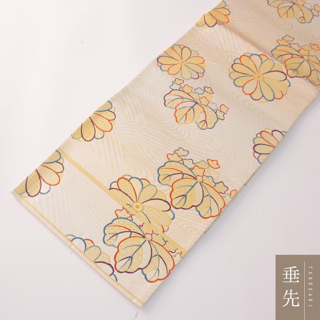 未使用品 袋帯 帯丈436cm 正絹 六通 フォーマル 家紋柄 荒磯 菊 桐 クリーム系 1243-02302