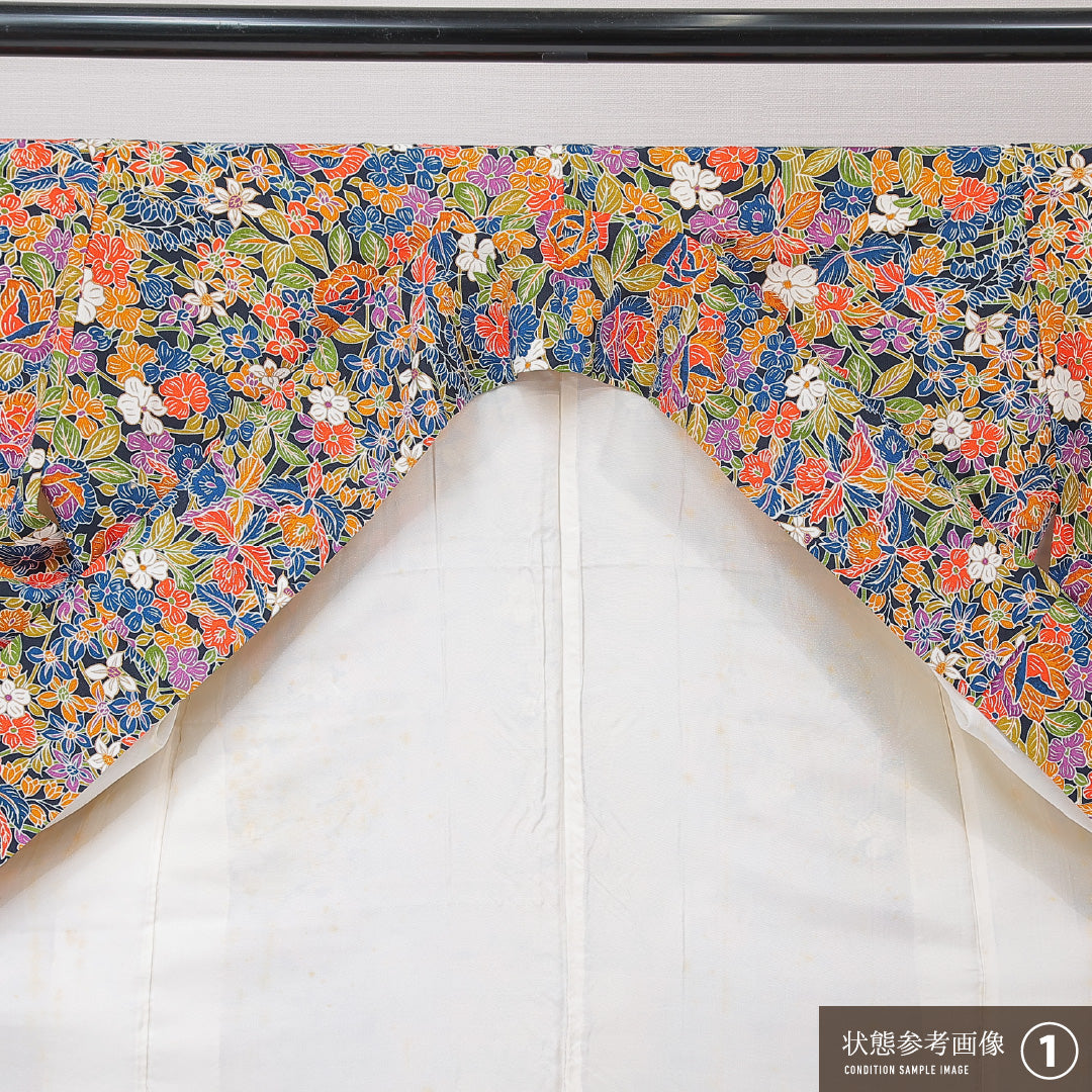 小紋 袷 身丈164cm 裄丈65cm 正絹 Aランク インフォーマル 広衿 Lサイズ 花柄 多色系 RP 1221-15200