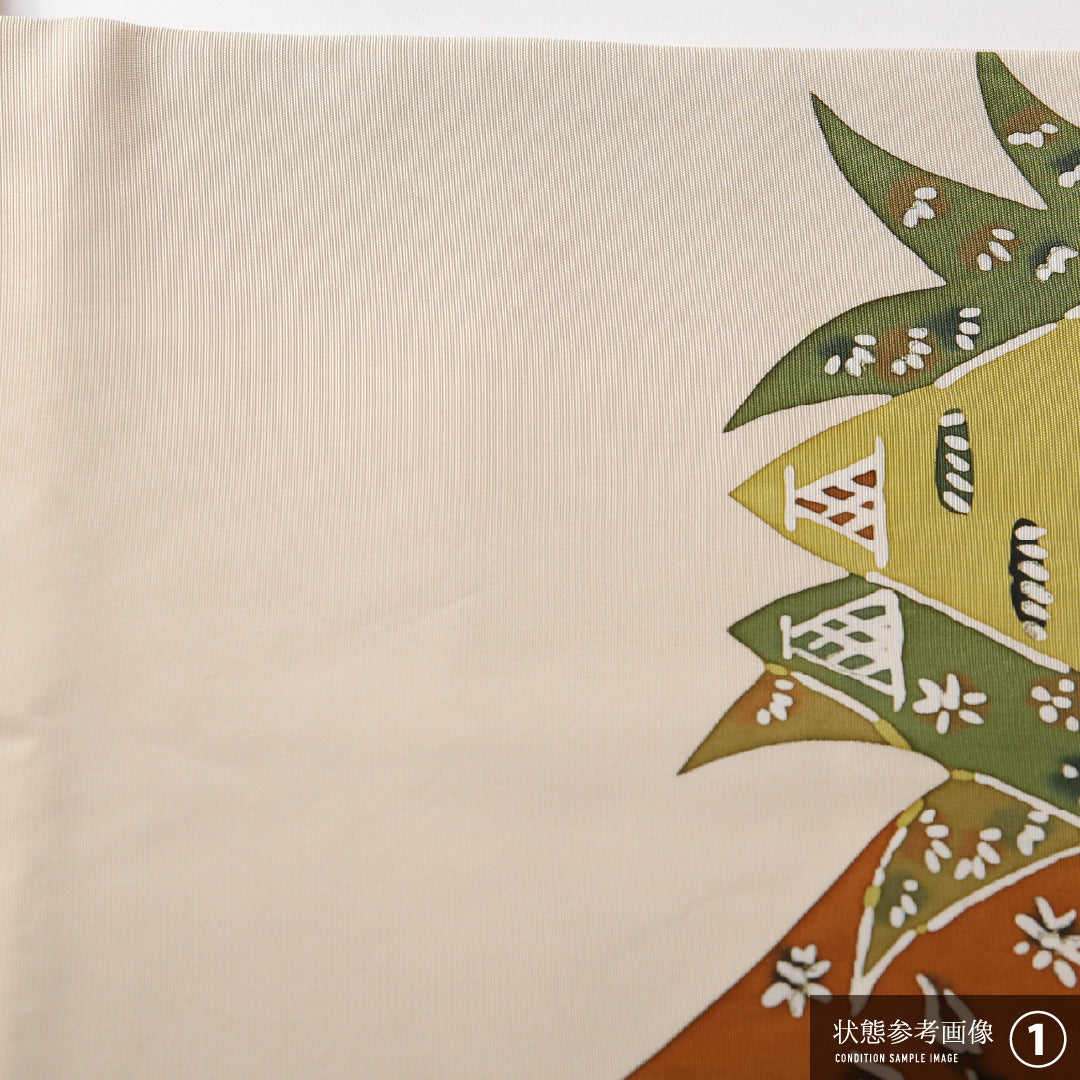 九寸名古屋帯 帯丈334cm カジュアル 名古屋仕立て ポイント柄 Bランク 正絹 染め帯 塩瀬 茶屋辻 クリーム系 1224-03827