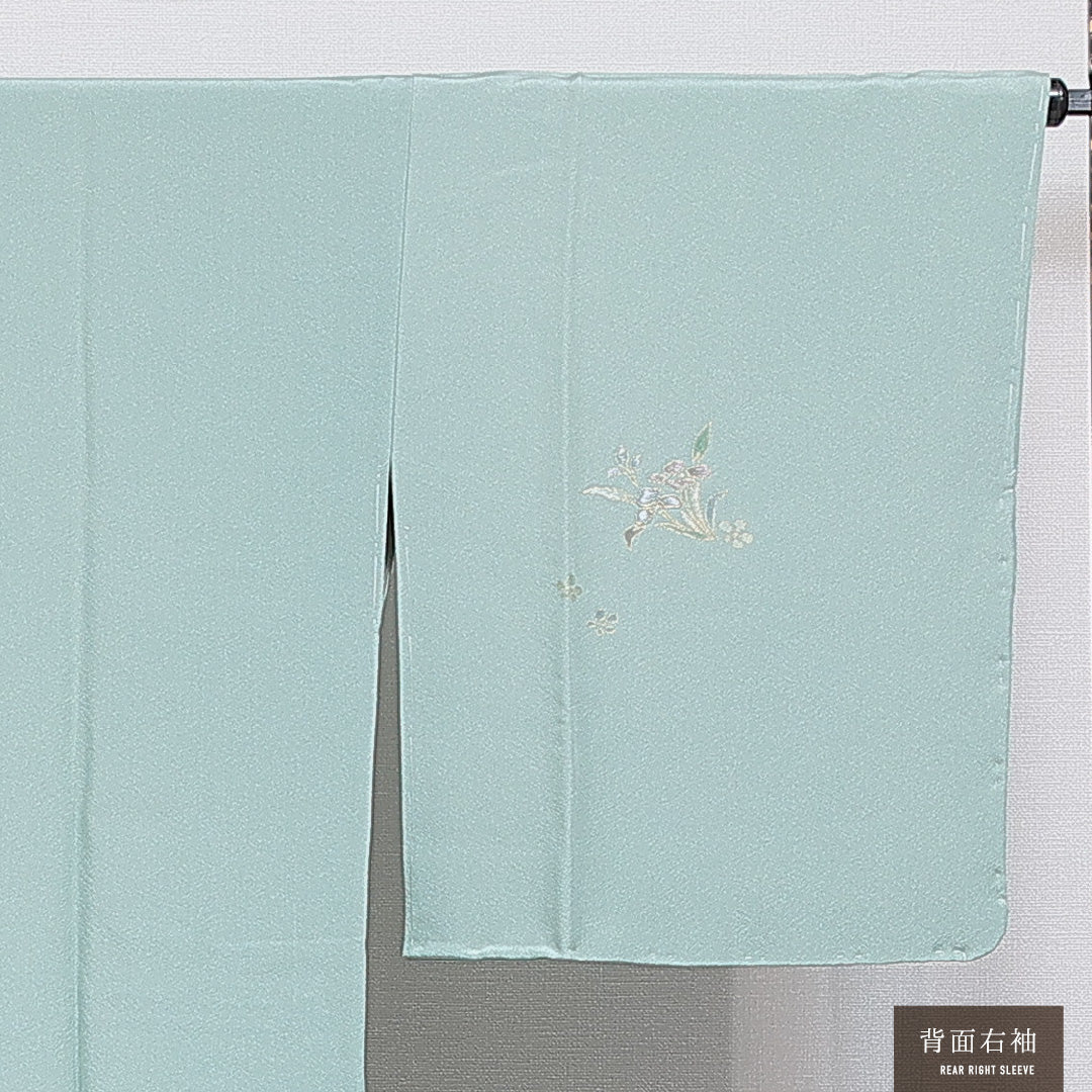 道行コート 袷 身丈92cm 裄丈66cm 正絹 Sランク セミフォーマル Mサイズ 金駒刺繍 ポケットあり 菖蒲 水色系 M4 1237-16860