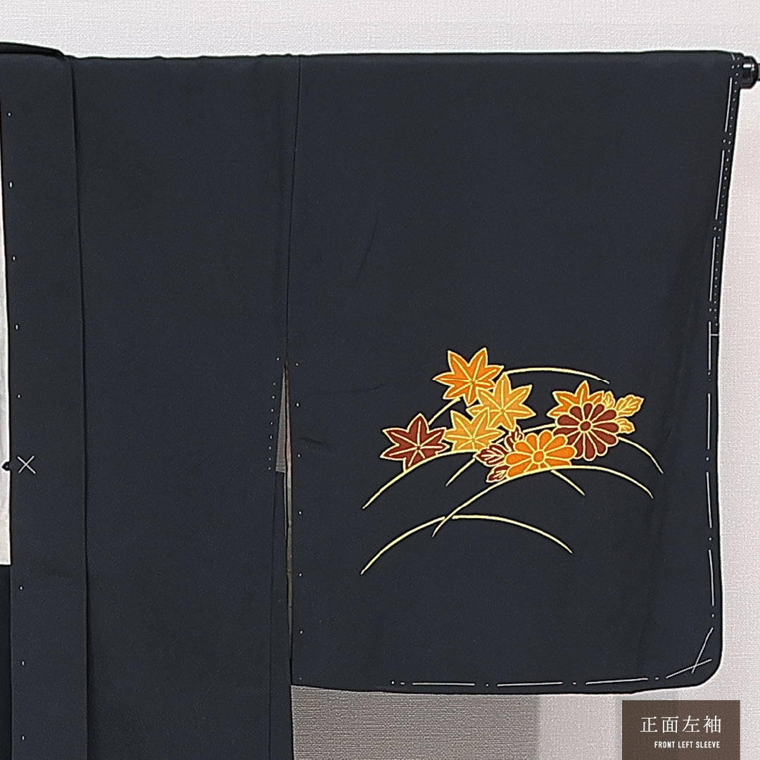 黒羽織 袷 身丈79cm 裄丈65cm 正絹 Aランク インフォーマル Mサイズ 菊 紅葉 黒系 RP 1233-15314