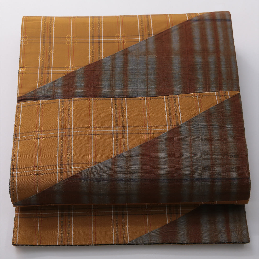 九寸名古屋帯 帯丈456cm カジュアル 開き仕立て 全通 リバーシブル Aランク 正絹 創作柄 黄系 グレー系 1224-03378