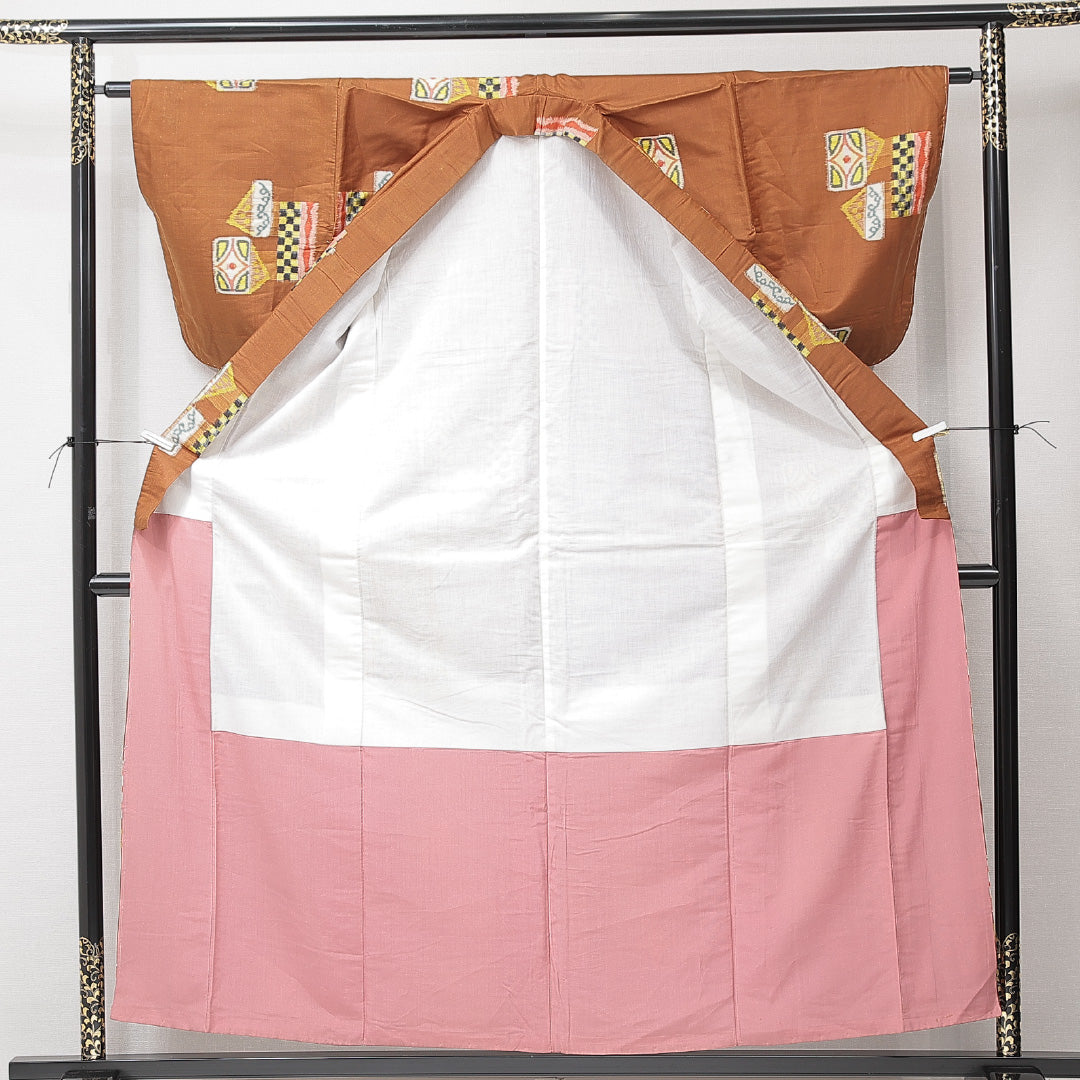 アンティーク 紬 袷 身丈157cm 裄丈62cm 正絹 Aランク バチ衿 Mサイズ 創作柄 茶系 RP 1223-15223