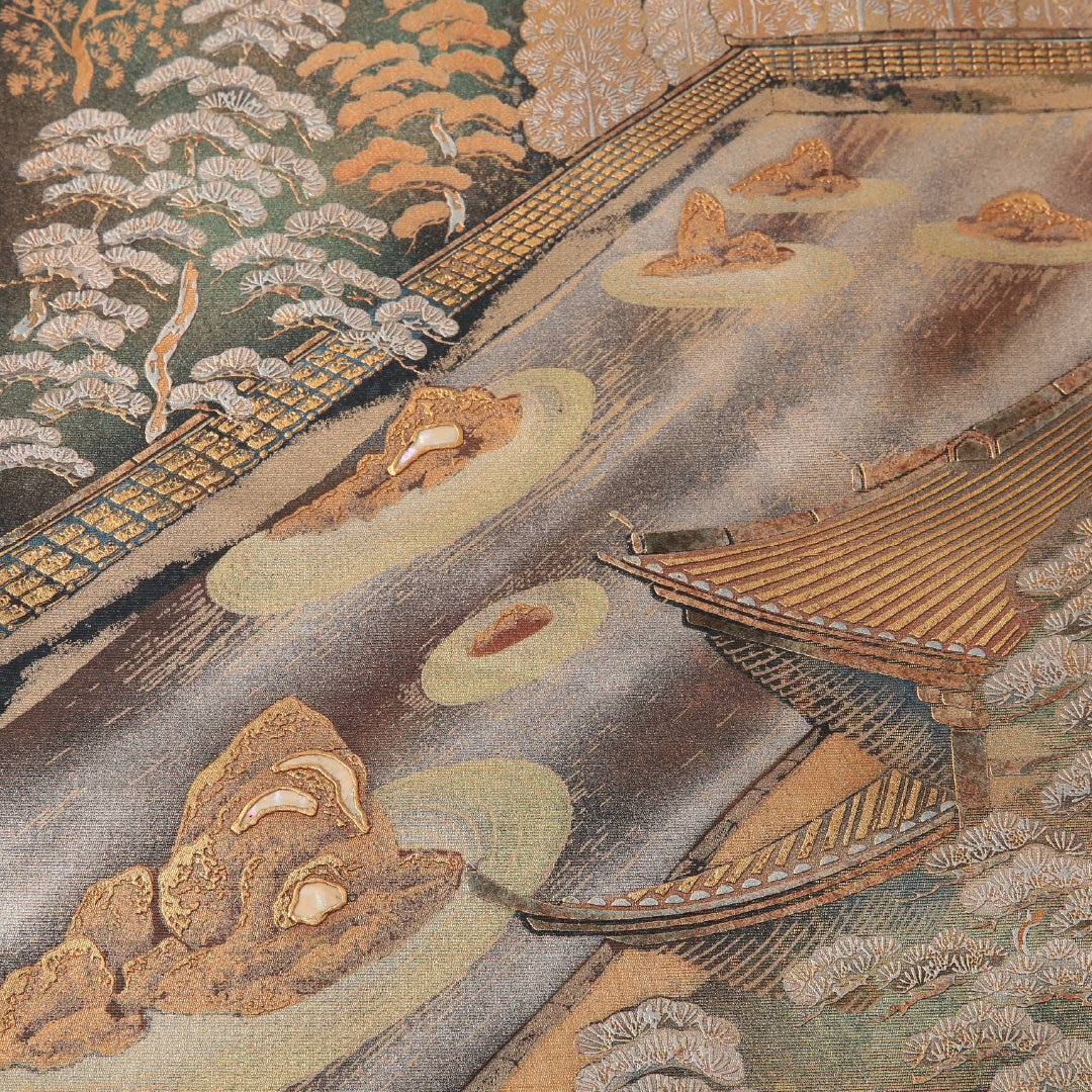 袋帯 帯丈440cm 正絹 六通 フォーマル 五重塔 京洛百景 紺系 金系 1243-01835