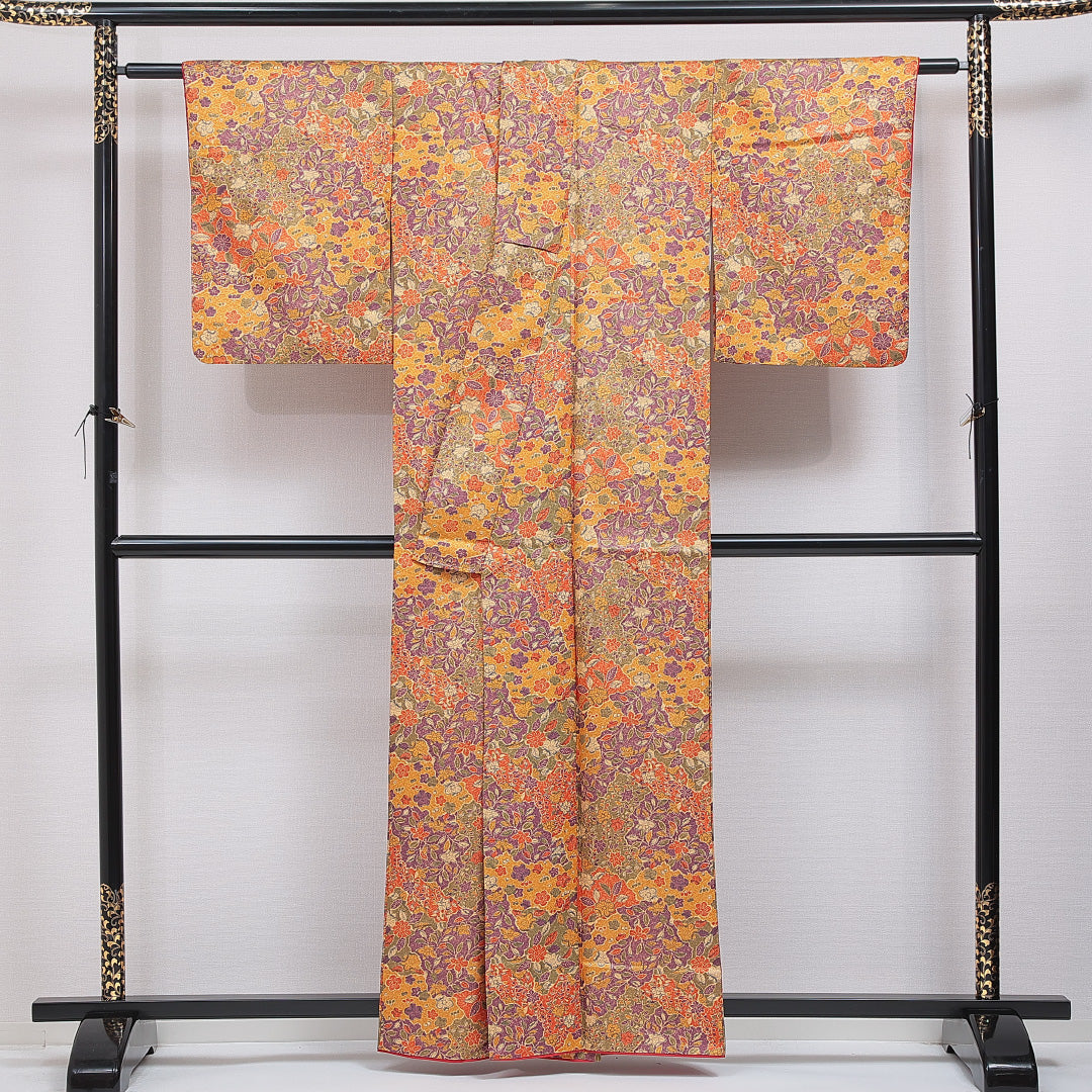 洗える着物 小紋 袷 身丈160cm 裄丈63cm ポリエステル Sランク インフォーマル 広衿 Lサイズ 菊 椿 黄系 RP 1221-16371
