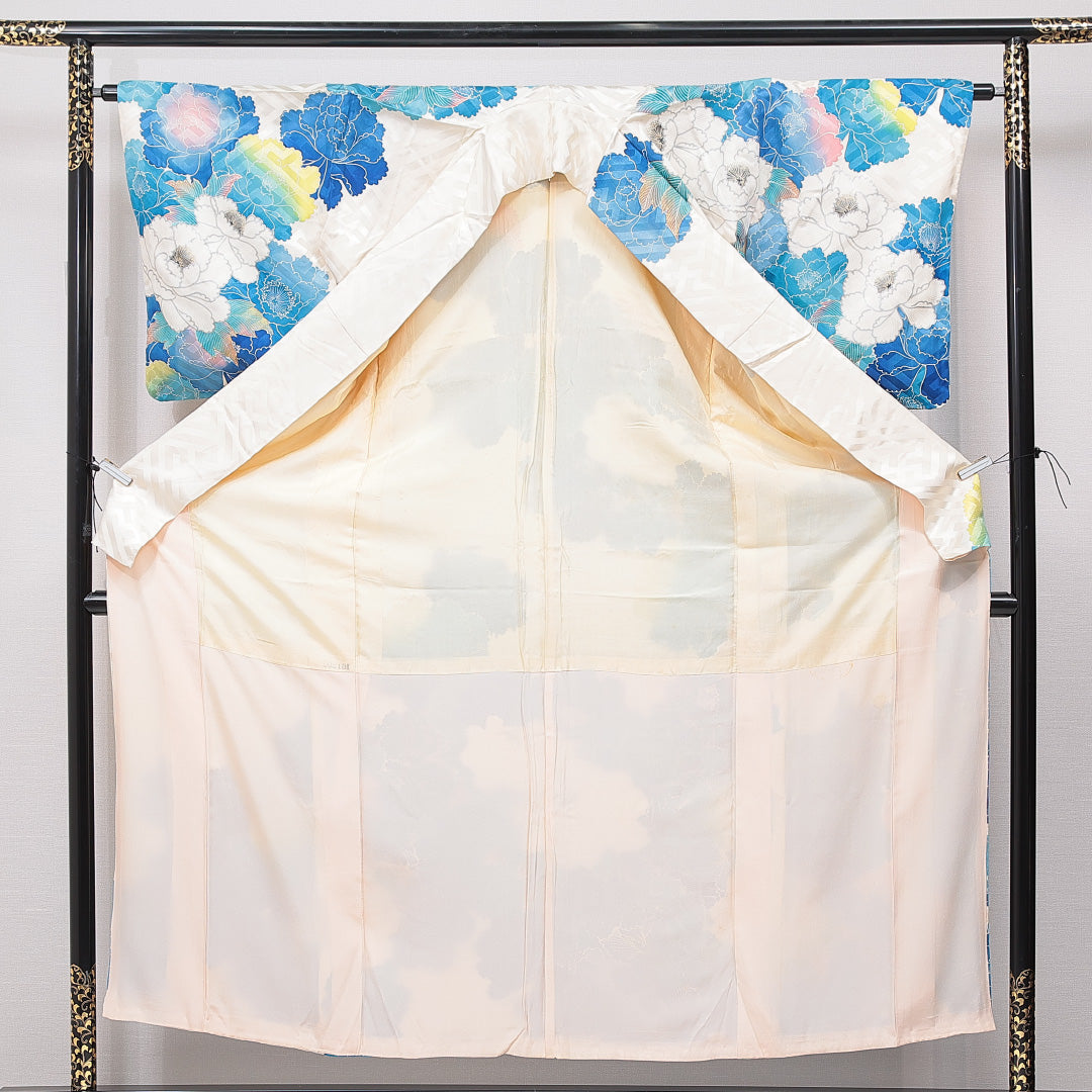 訪問着 袷 身丈154cm 裄丈63cm 正絹 Cランク Sサイズ 広衿 セミフォーマル 牡丹 金彩 クリーム系 水色系 1212-15755