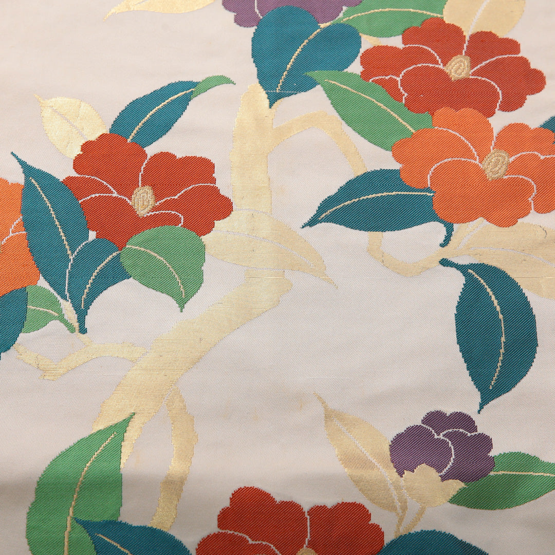 九寸名古屋帯 帯丈355cm カジュアル 名古屋仕立て 六通 Cランク 正絹 花柄 クリーム系 1224-03545