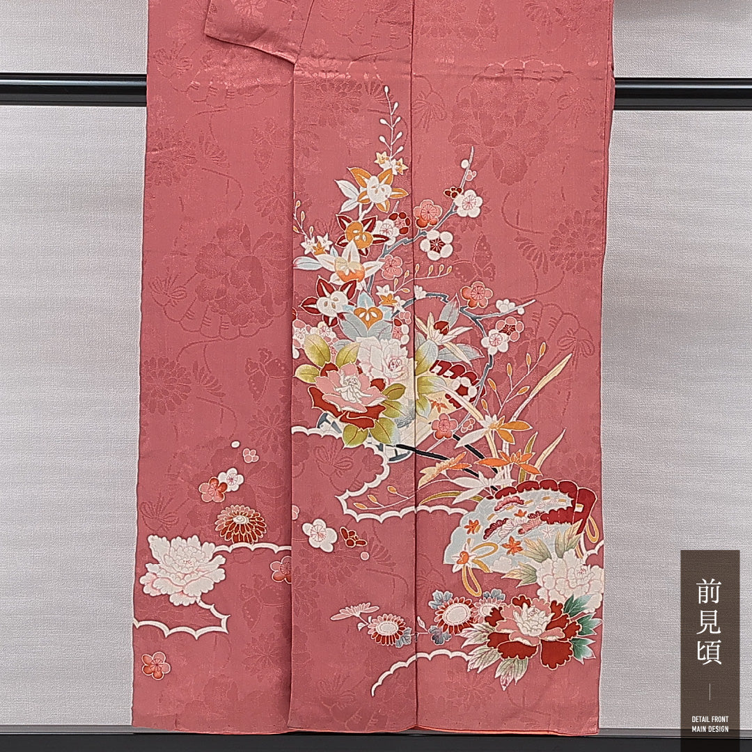 付下げ 袷 身丈150cm 裄丈62cm 正絹 Sランク 紋意匠 (花蝶) インフォーマル 広衿 Sサイズ 扇 牡丹 赤系 M4 1218-15510