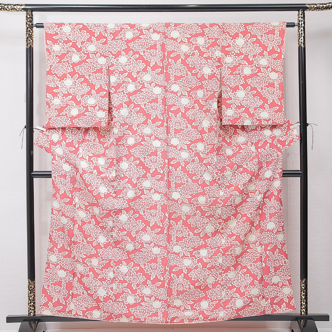 小紋 袷 身丈160cm 裄丈60cm 正絹 Cランク インフォーマル 広衿 Lサイズ 牡丹 ピンク系 HP 1221-15242