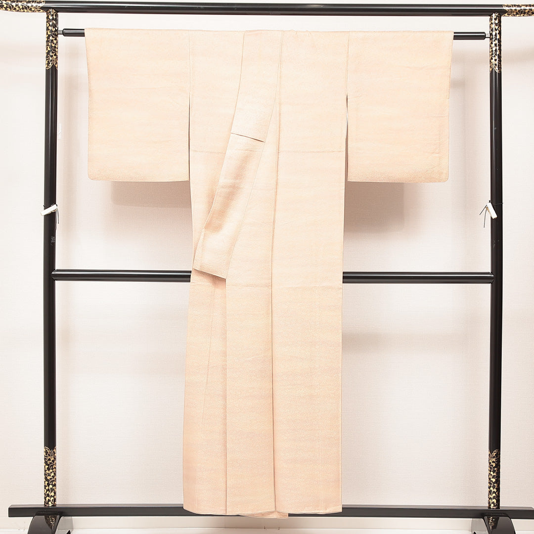 色無地 袷 身丈152cm 裄丈62cm 正絹 Aランク 一つ紋 紋意匠 (菊) セミフォーマル 広衿 Sサイズ 織り出し ガード加工 朱系 RP 1219-16877