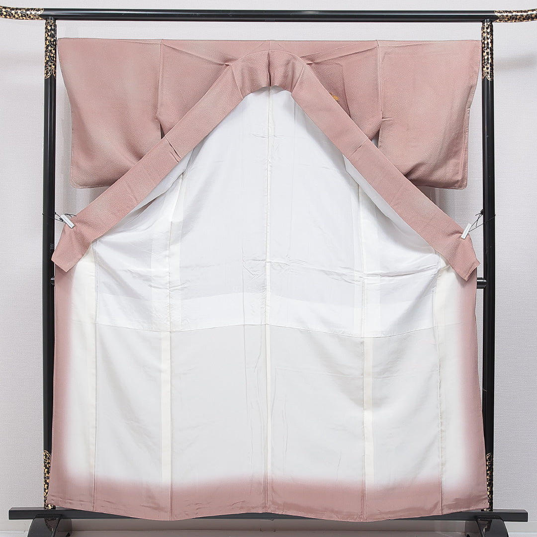 訪問着 袷 身丈160cm 裄丈66cm 正絹 Sランク Lサイズ 広衿 セミフォーマル 笠松 ぼかし染 刺繍 金駒刺繍 ピンク系 茶系 1212-16868