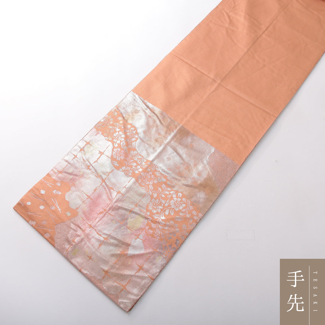 袋帯 帯丈428cm 正絹 六通 帯芯なし セミフォーマル 道長取り 朱系 1243-02158