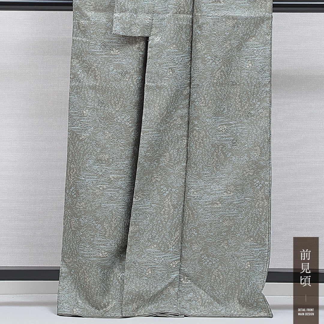 未使用品 洗える着物 小紋 袷 身丈164cm 裄丈64cm ポリエステル Nランク インフォーマル 広衿 Lサイズ 観世水 花柄 緑系 RP 1221-16061