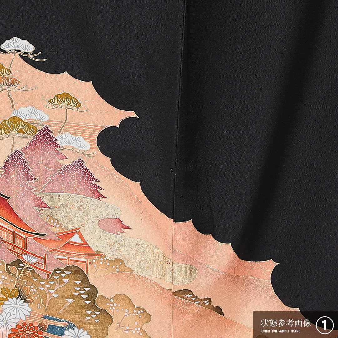 黒留袖 袷 身丈161cm 裄丈64cm 三つ紋 丸に桔梗 フォーマル Aランク Lサイズ 正絹 比翼仕立て 広衿 楼閣 松 1211-F0680