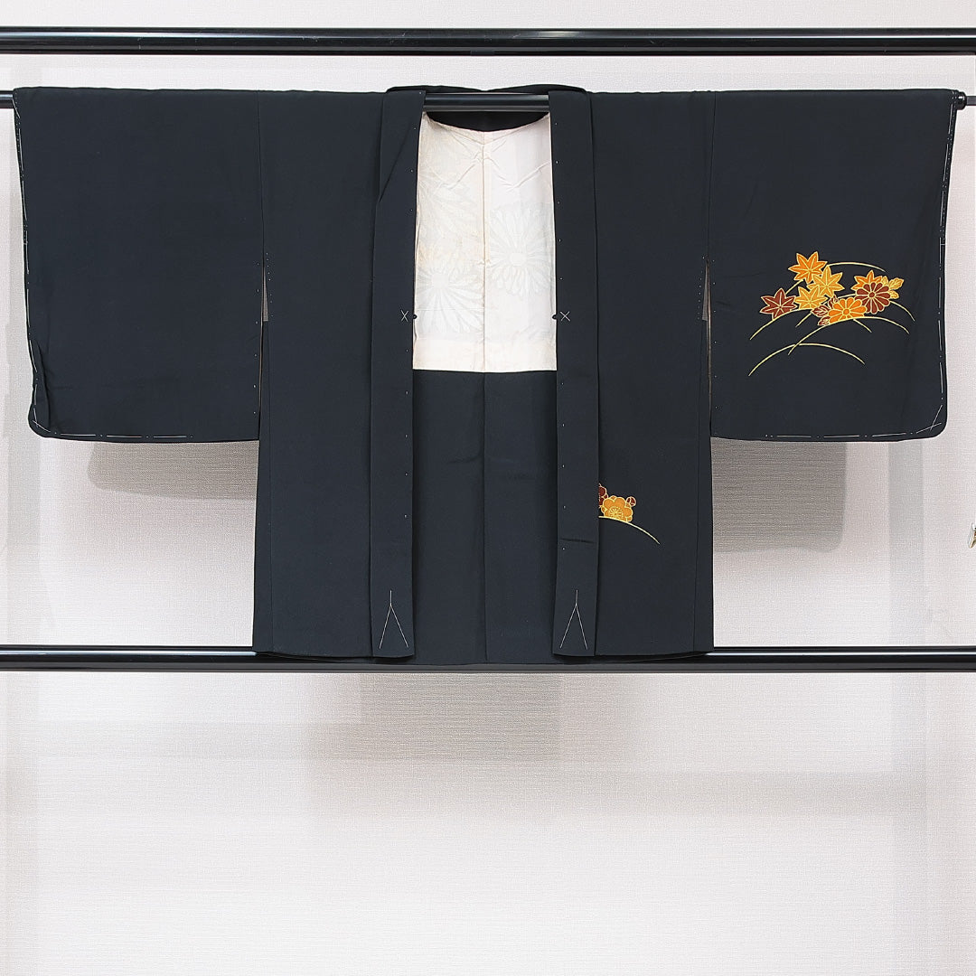 黒羽織 袷 身丈79cm 裄丈65cm 正絹 Aランク インフォーマル Mサイズ 菊 紅葉 黒系 RP 1233-15314
