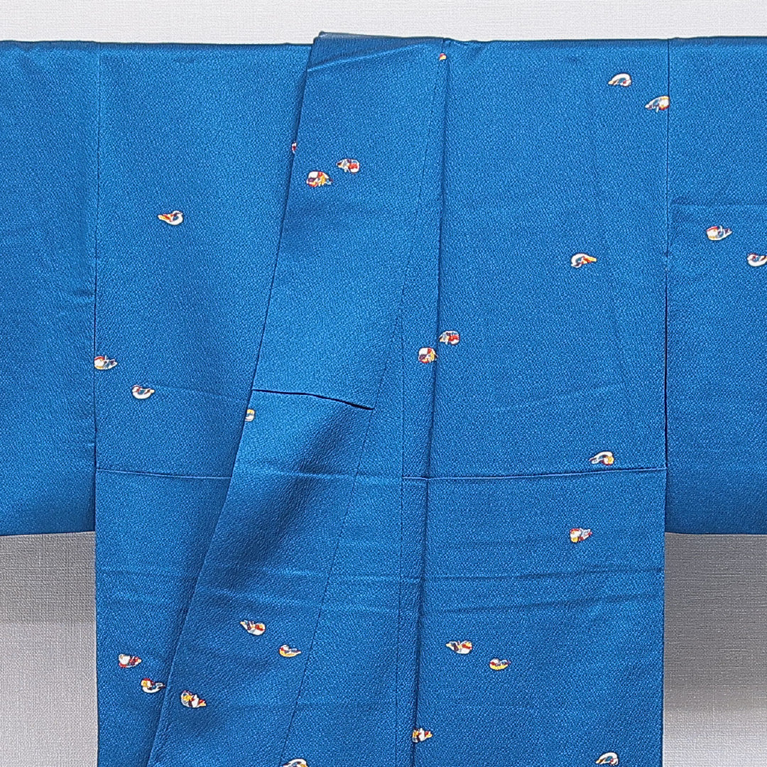 小紋 袷 身丈152cm 裄丈60cm 正絹 Sランク Sサイズ 広衿 インフォーマル 鴛鴦 青系 1215-15903