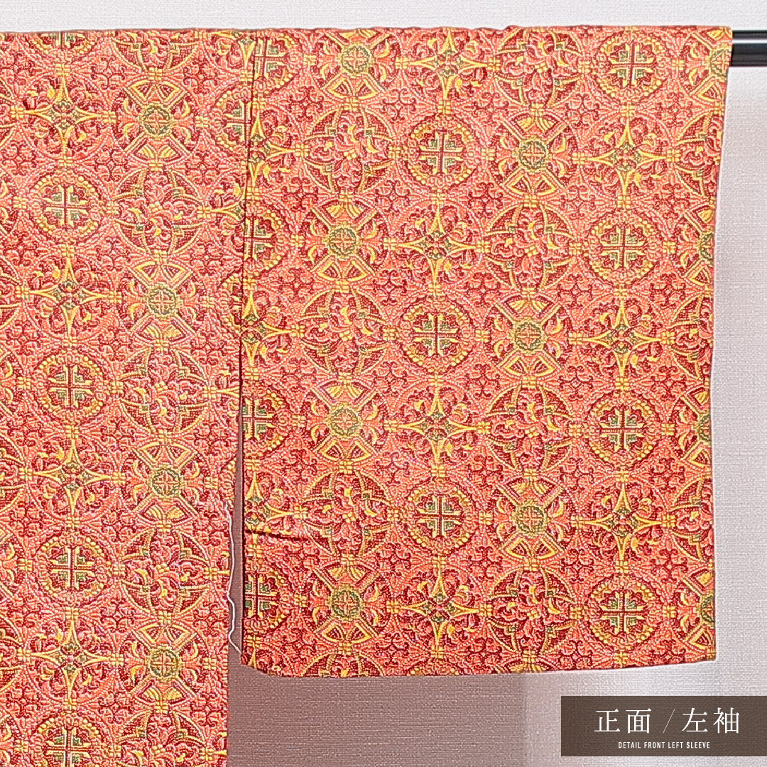 洗える着物 小紋 袷 身丈160cm 裄丈65cm ポリエステル Aランク インフォーマル 広衿 Lサイズ 連珠文 朱系 RP 1221-16389