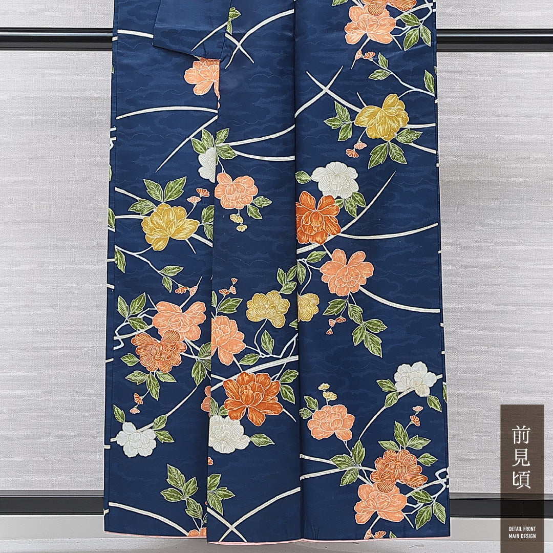 小紋 洗える着物 袷 身丈156cm 裄丈63cm ポリエステル Bランク Mサイズ 広衿 インフォーマル 牡丹 青系 1215-15802