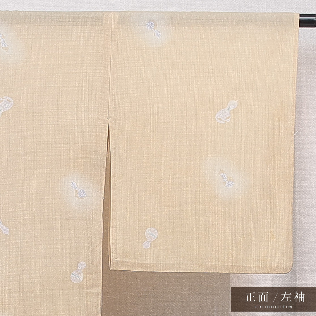 紬 単衣 身丈161cm 裄丈67cm 正絹 Cランク Lサイズ 広衿 カジュアル 染紬 瓢箪 クリーム系 1216-15676