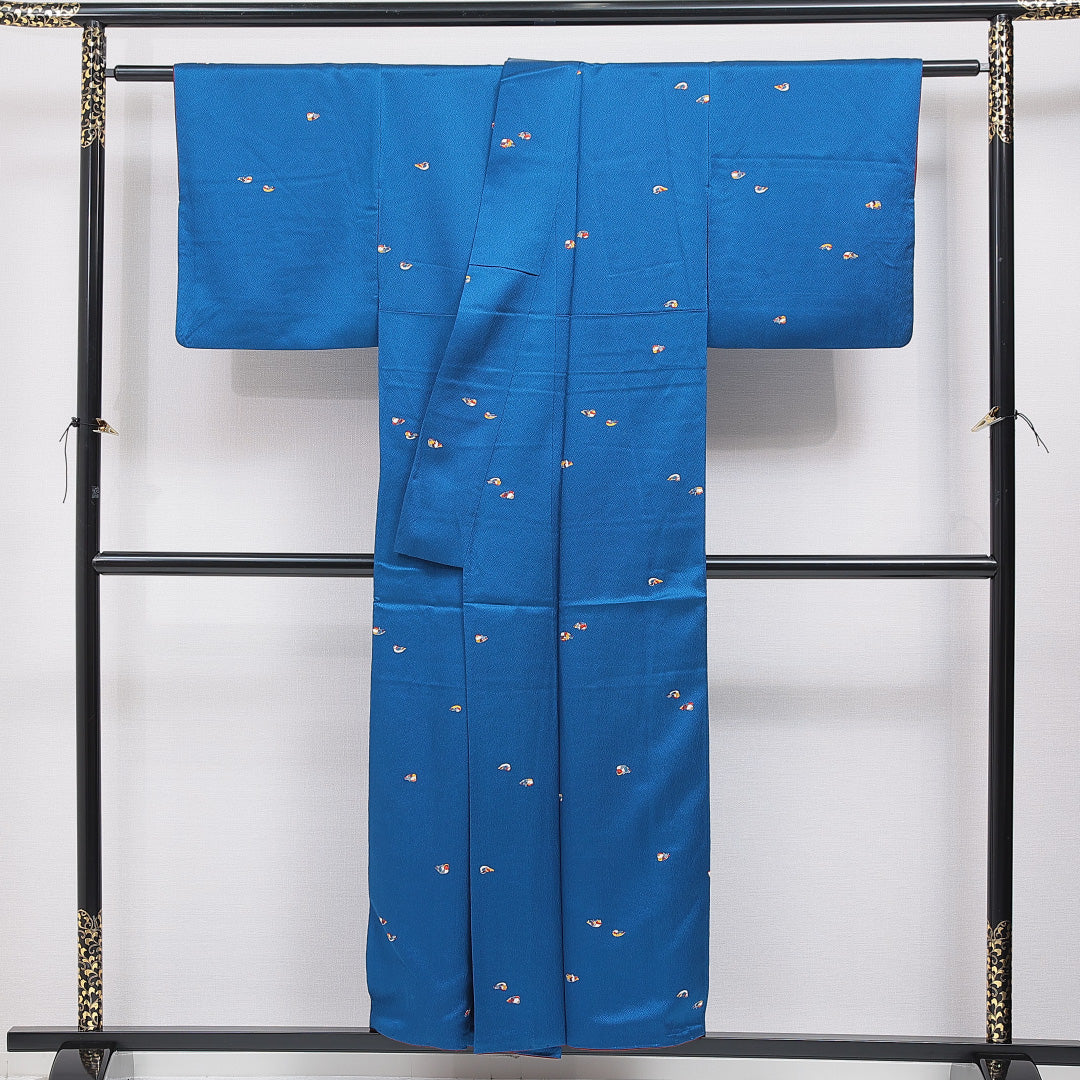 小紋 袷 身丈152cm 裄丈60cm 正絹 Sランク Sサイズ 広衿 インフォーマル 鴛鴦 青系 1215-15903